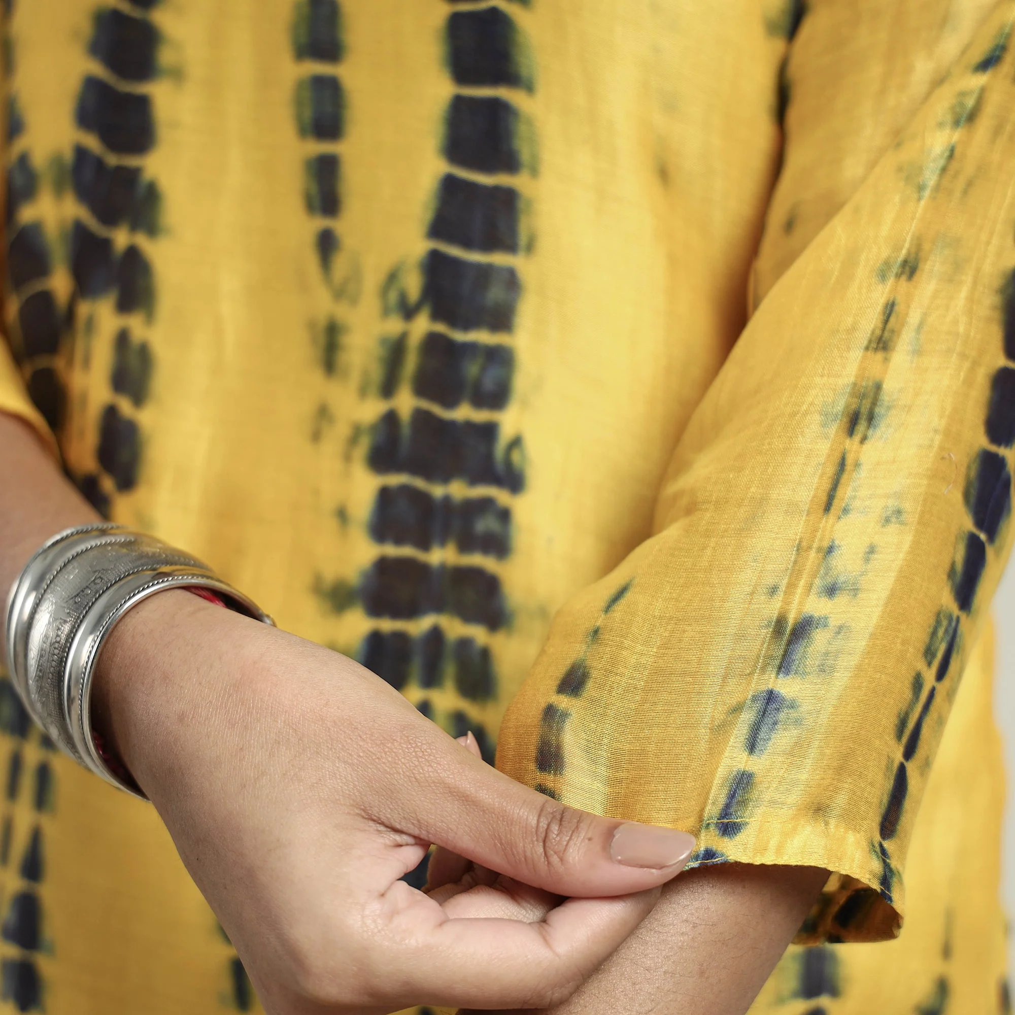 Yellow - Shibori Tye-Dye Chanderi Silk Kurta with Palazzo & Dupatta Set - Image 6
