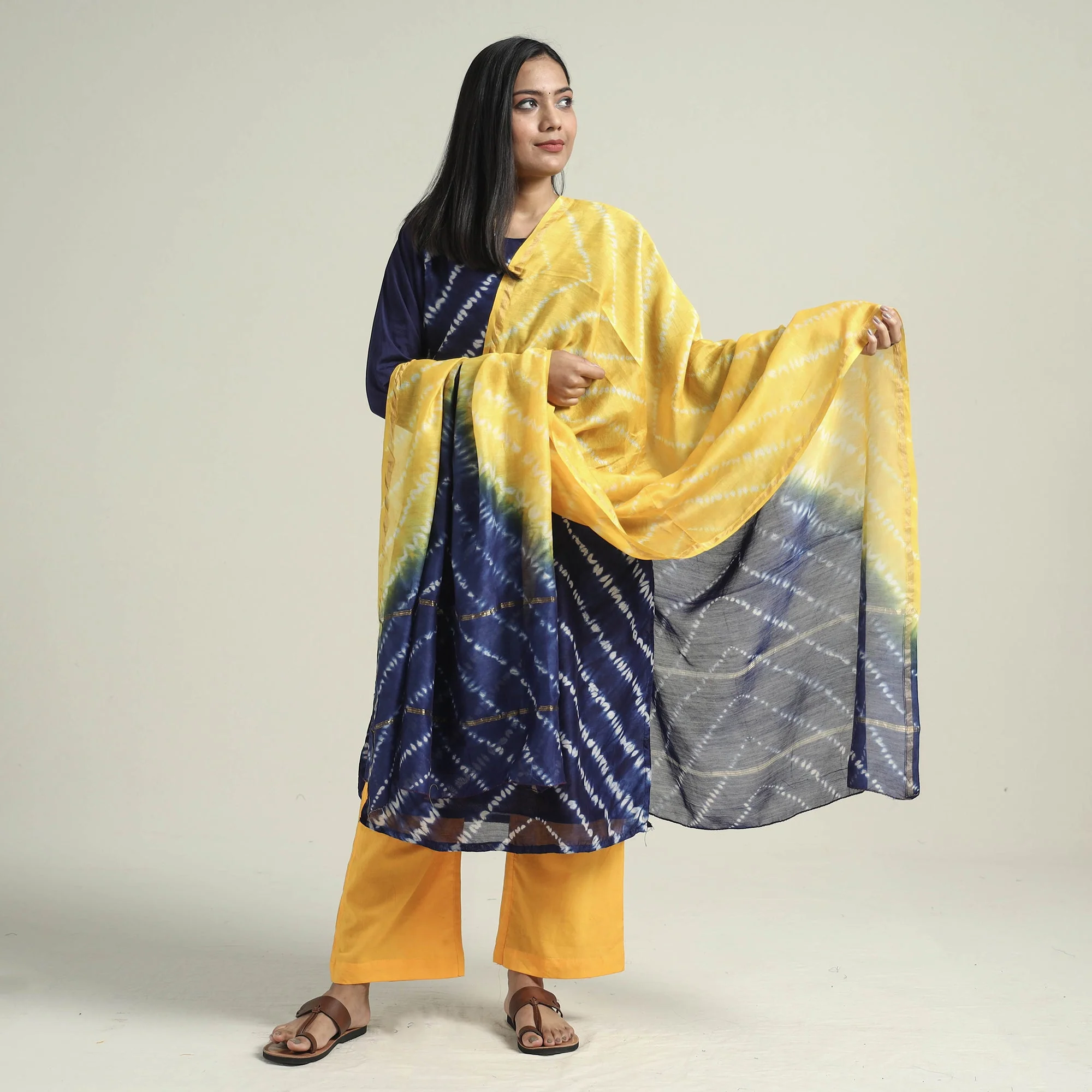 Blue - Shibori Tye-Dye Chanderi Silk Kurta with Palazzo & Dupatta Set - Image 2