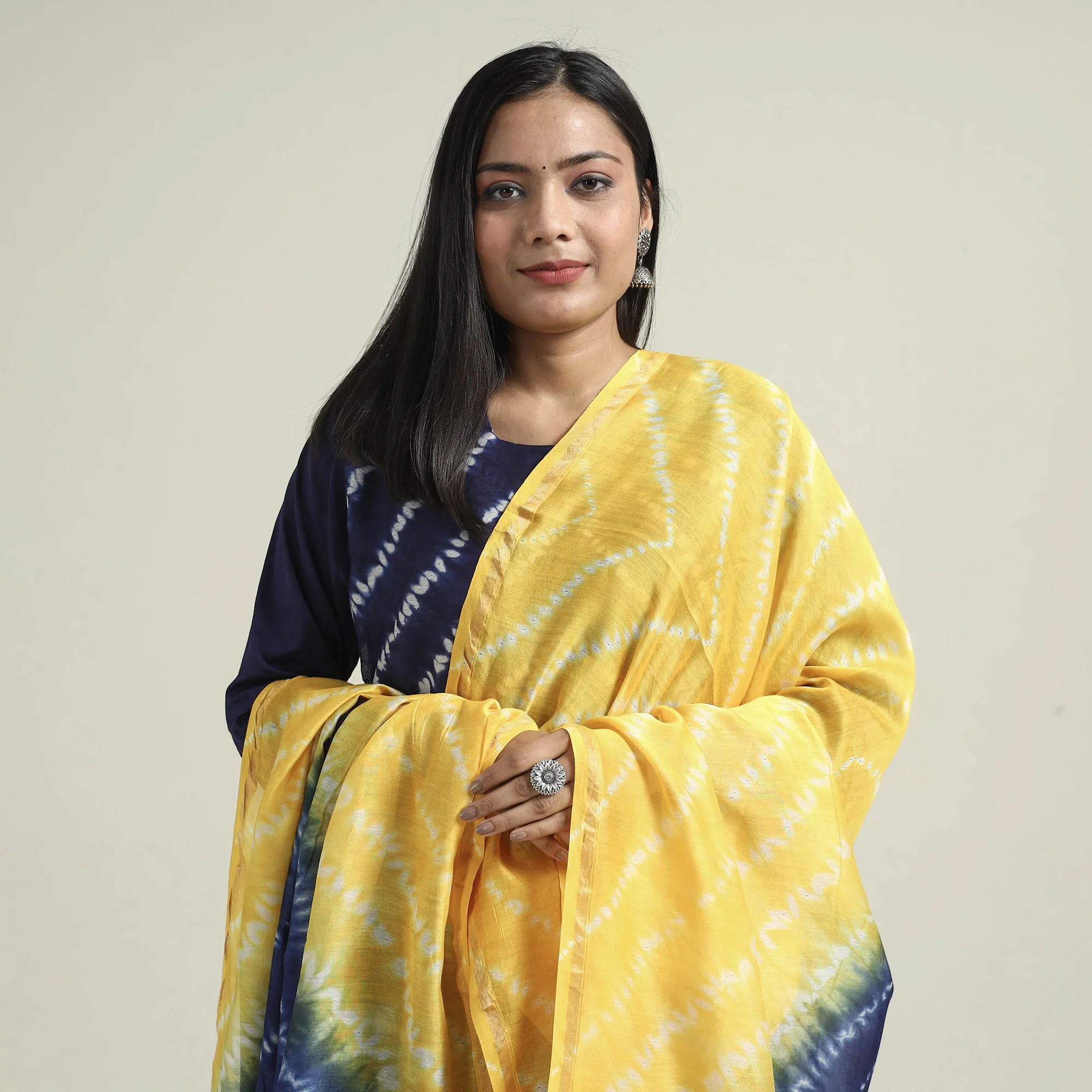 Blue - Shibori Tye-Dye Chanderi Silk Kurta with Palazzo & Dupatta Set - Image 3