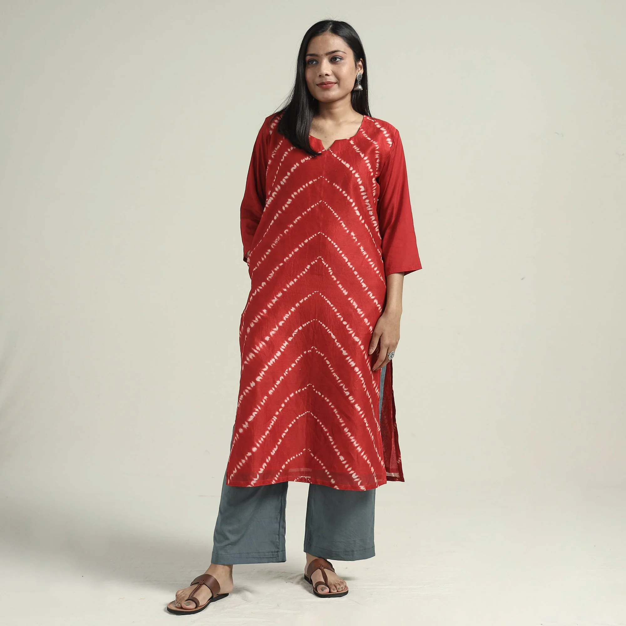 Red - Shibori Tye-Dye Chanderi Silk Kurta with Palazzo & Dupatta Set - Image 4