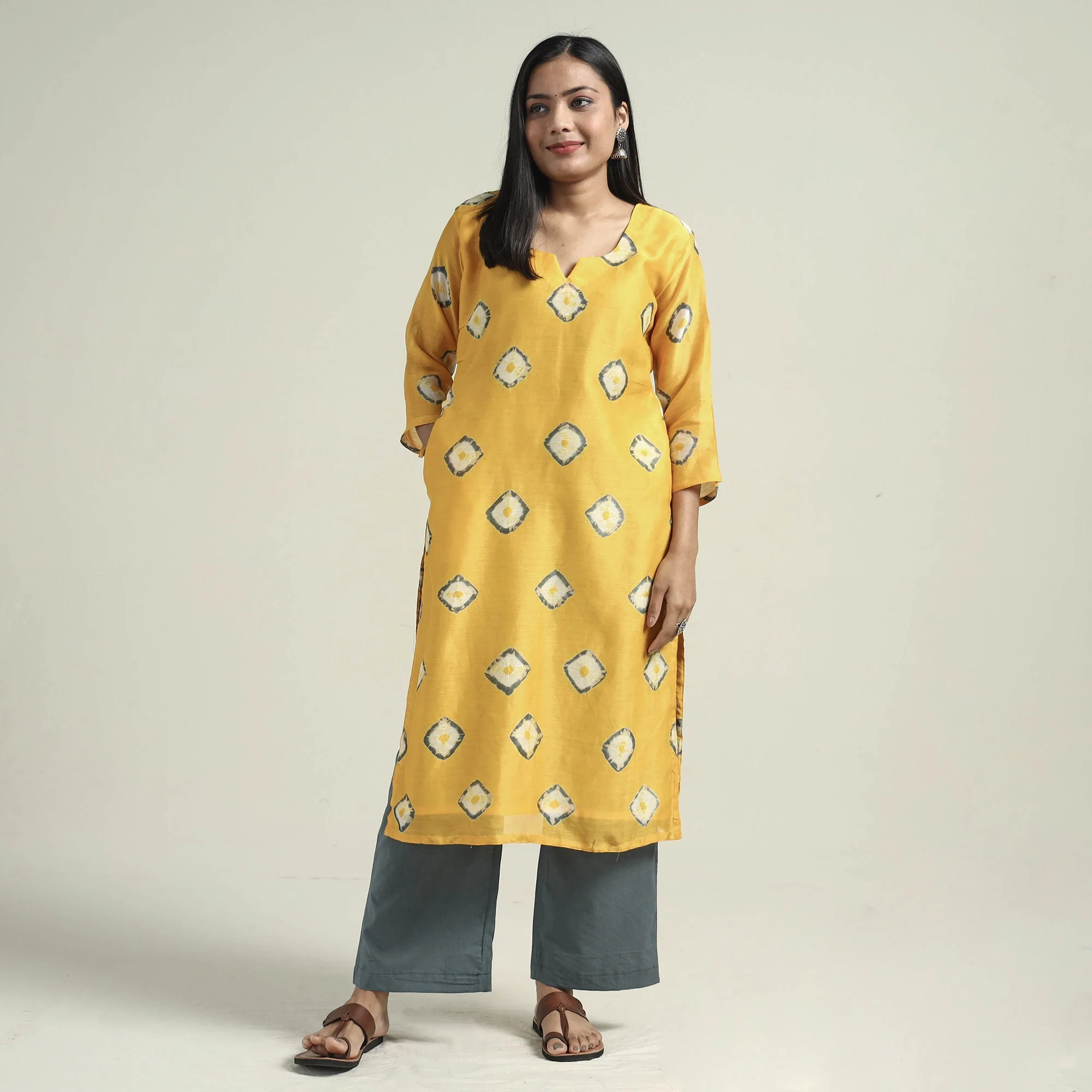 Yellow - Shibori Tye-Dye Chanderi Silk Kurta with Palazzo & Dupatta Set - Image 4