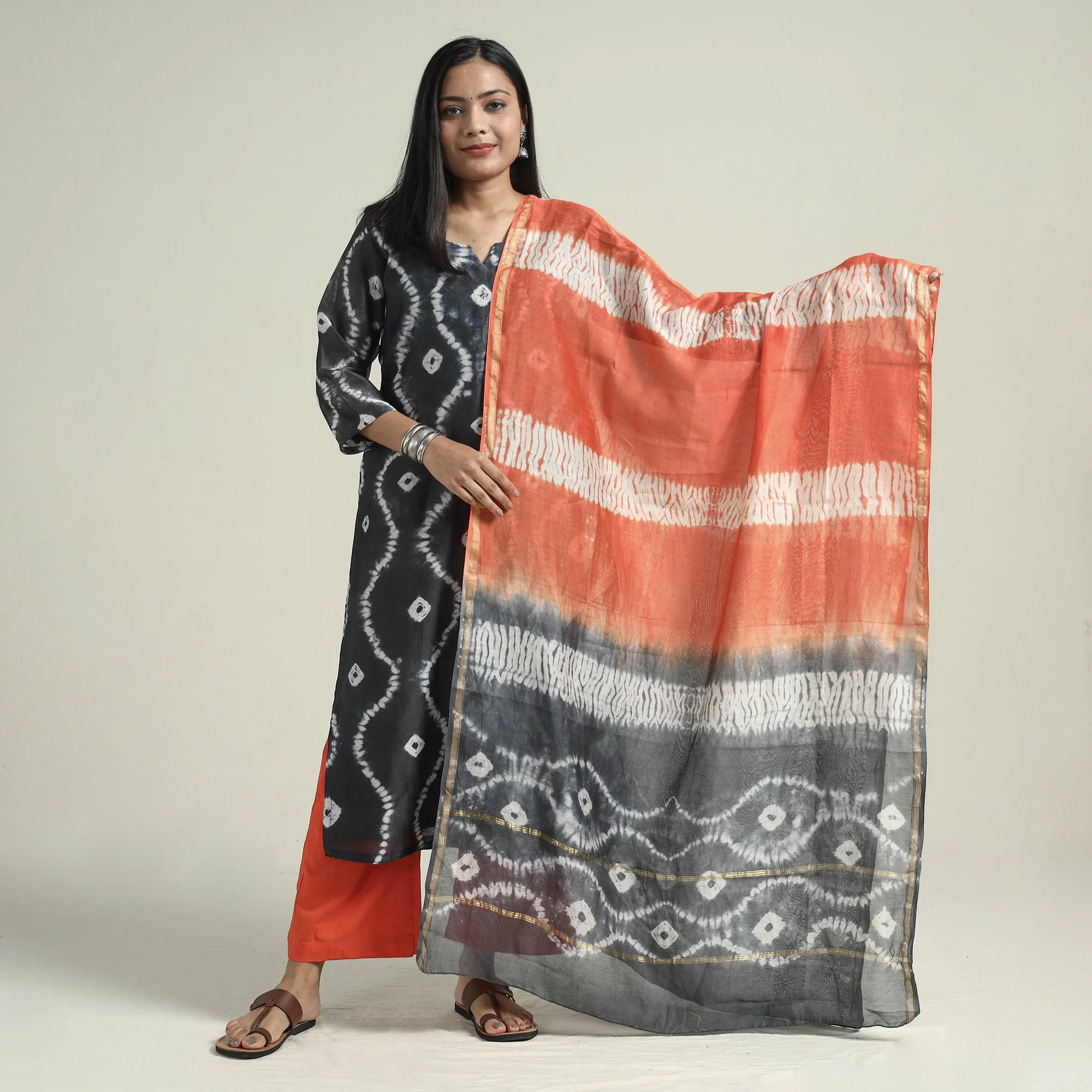 Black - Shibori Tye-Dye Chanderi Silk Kurta with Palazzo & Dupatta Set