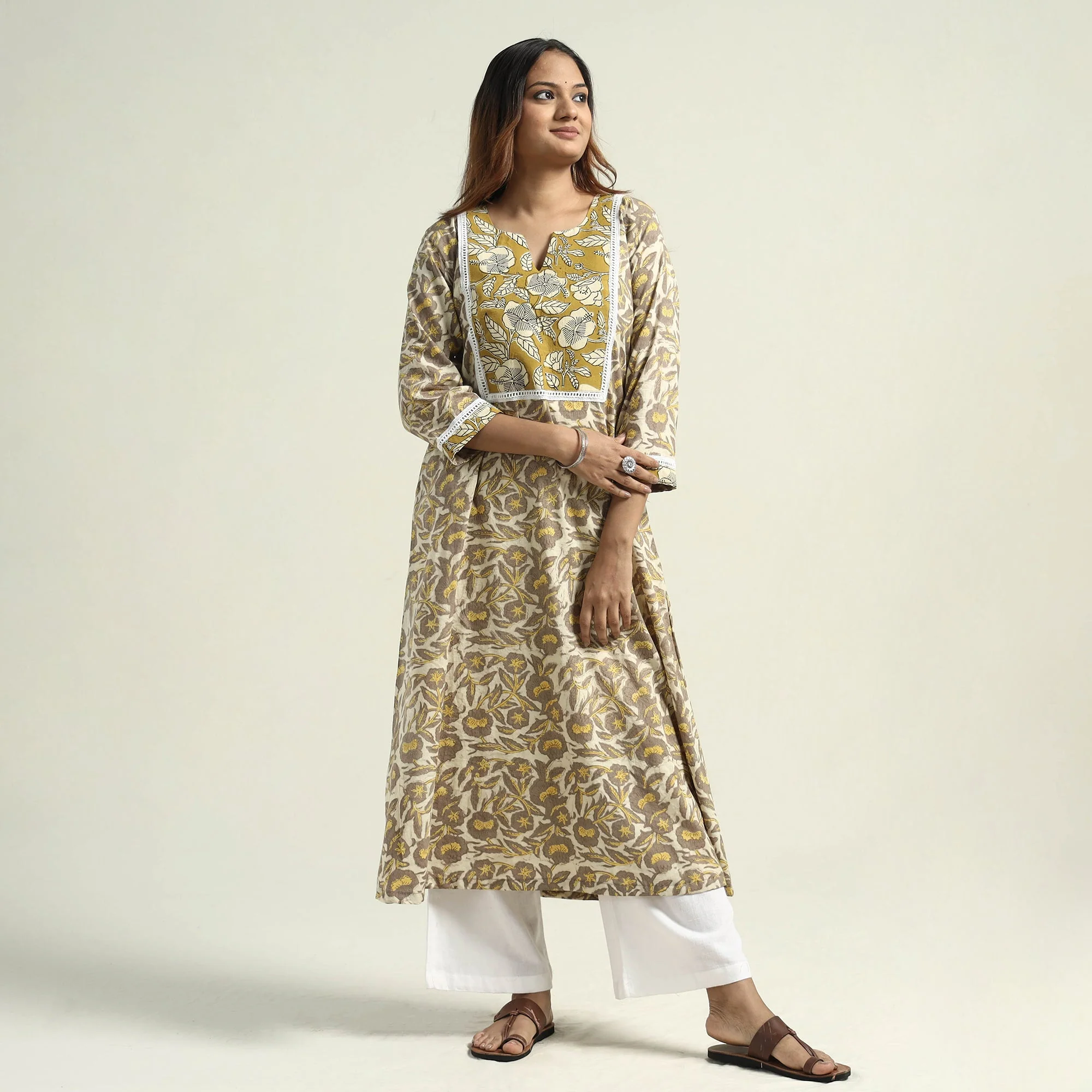 Yellow - Vanaspati Hand Block Printed Cotton A-Line Kurta - Image 2
