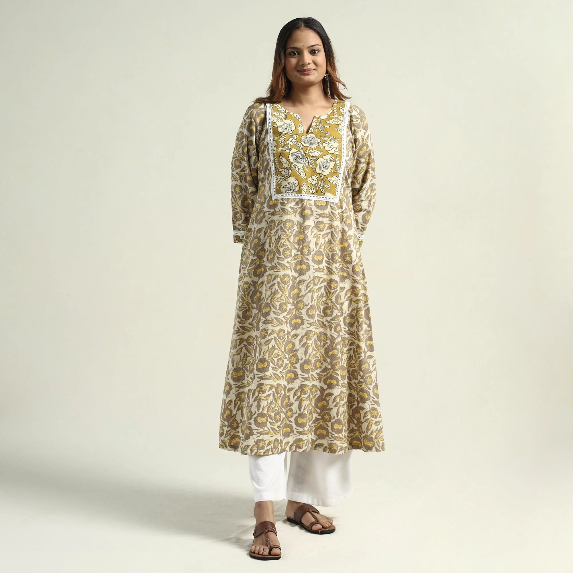 Yellow - Vanaspati Hand Block Printed Cotton A-Line Kurta - Image 3