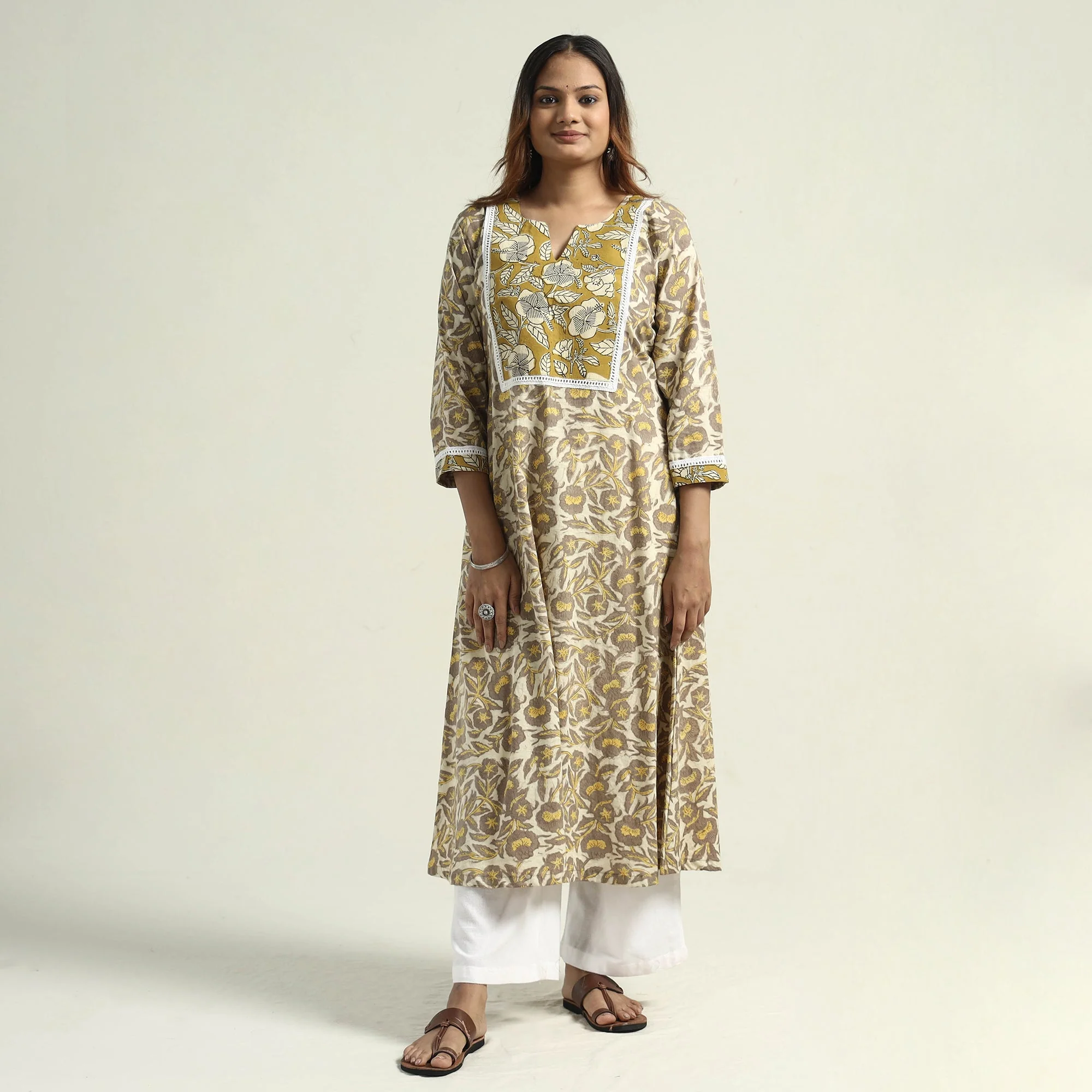 Yellow - Vanaspati Hand Block Printed Cotton A-Line Kurta - Image 4