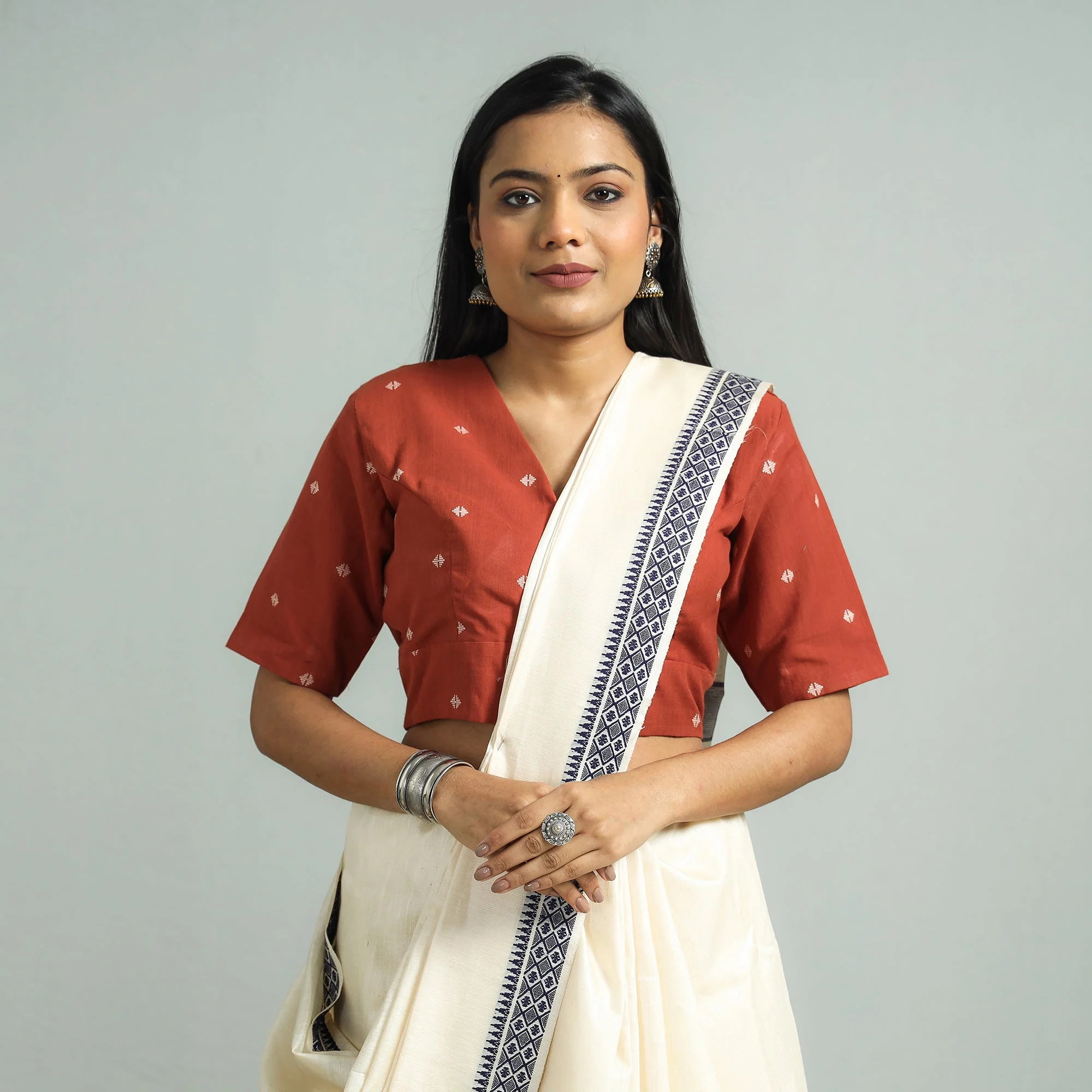 Rust Brown - Jacquard Weave Cotton Stitched Blouse