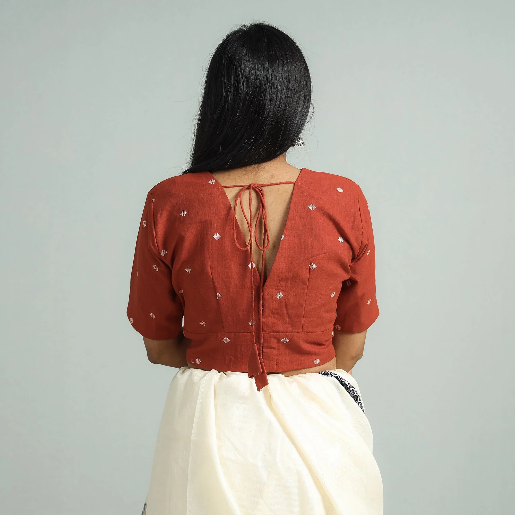 Rust Brown - Jacquard Weave Cotton Stitched Blouse - Image 5