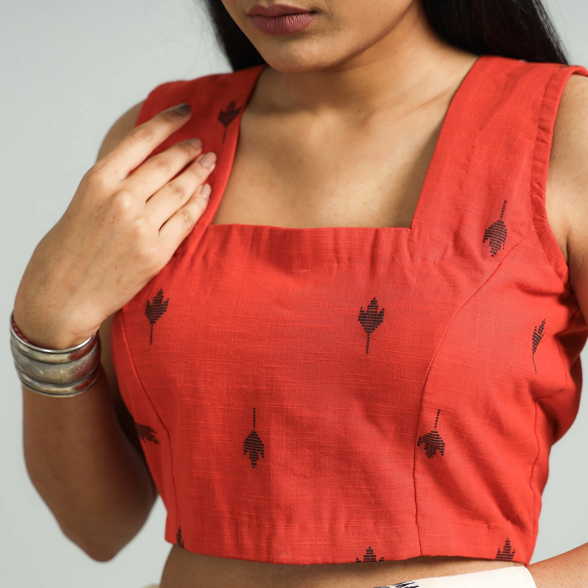 Orange - Jacquard Weave Cotton Stitched Sleeveless Blouse - Image 4