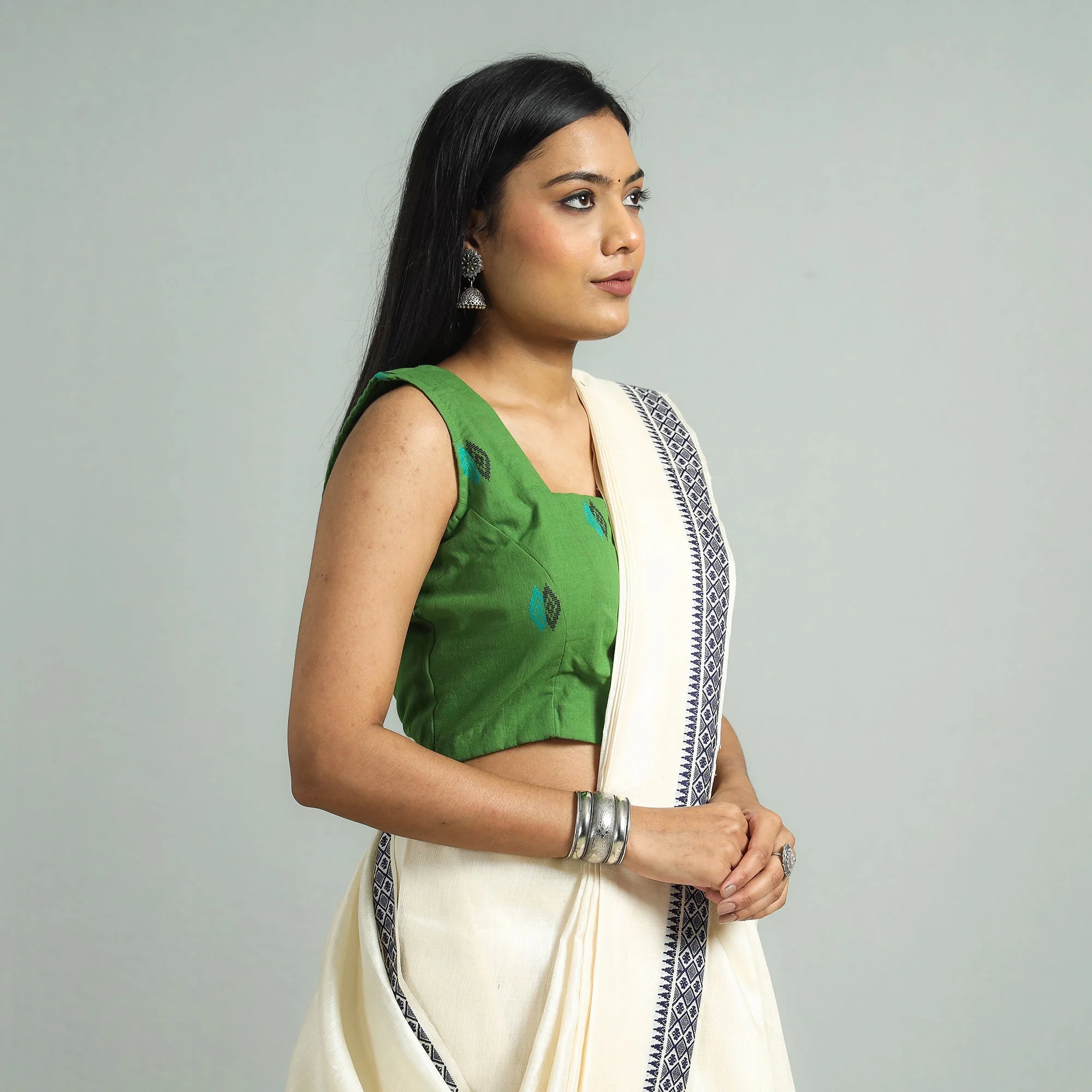 Green - Jacquard Weave Cotton Stitched Sleeveless Blouse - Image 3