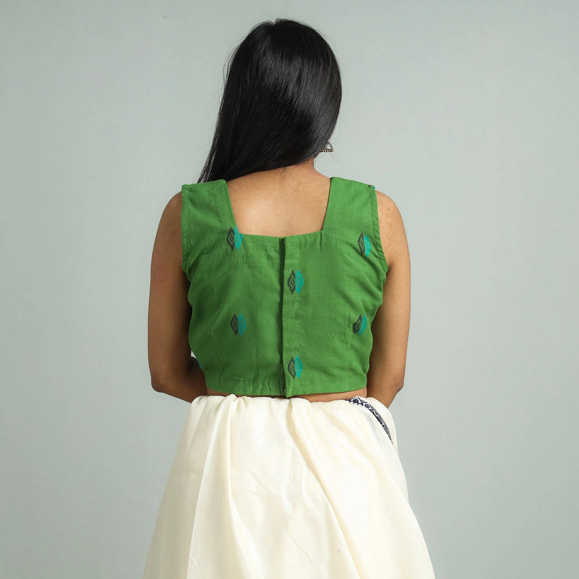Green - Jacquard Weave Cotton Stitched Sleeveless Blouse - Image 5