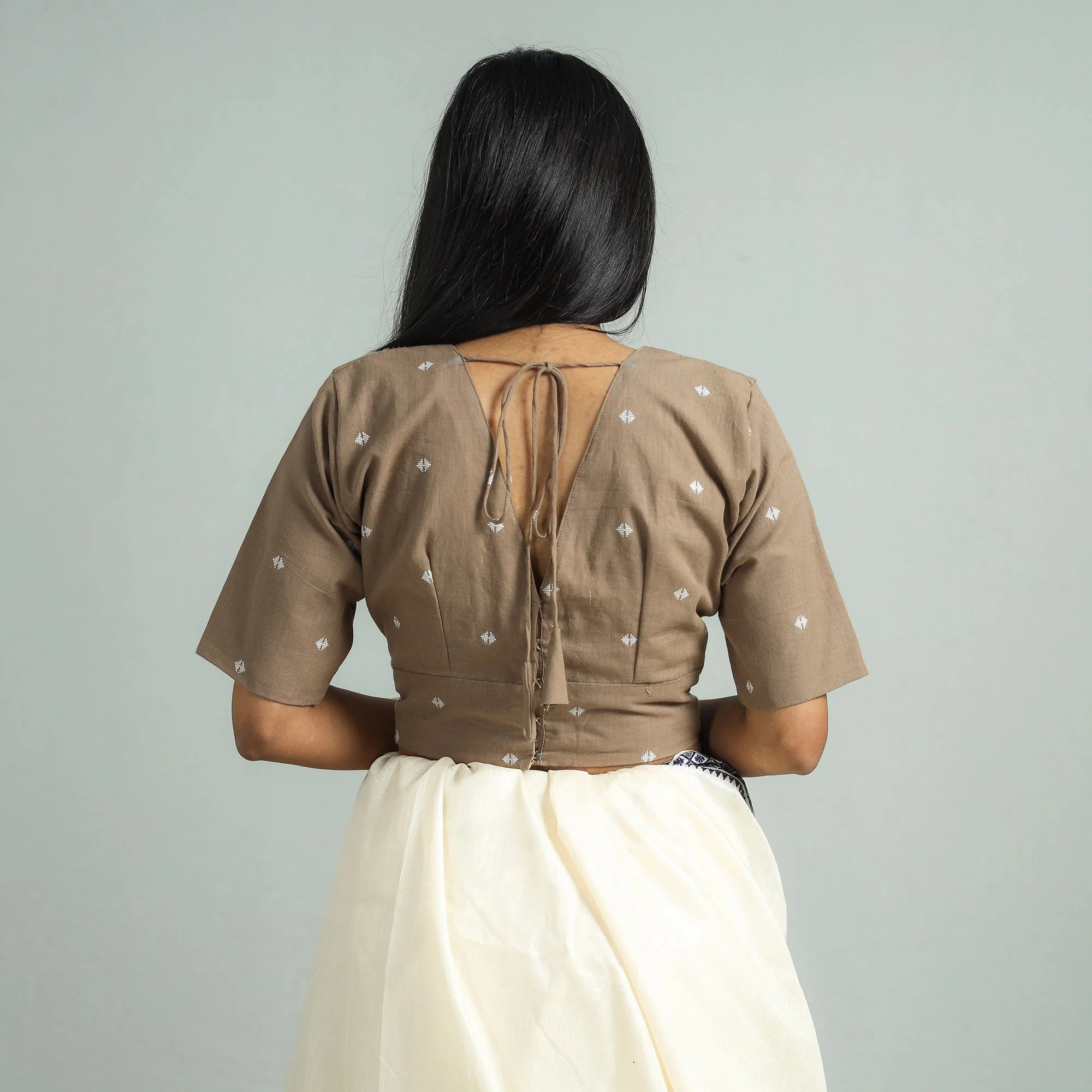 Light Brown - Jacquard Weave Cotton Stitched Blouse - Image 5