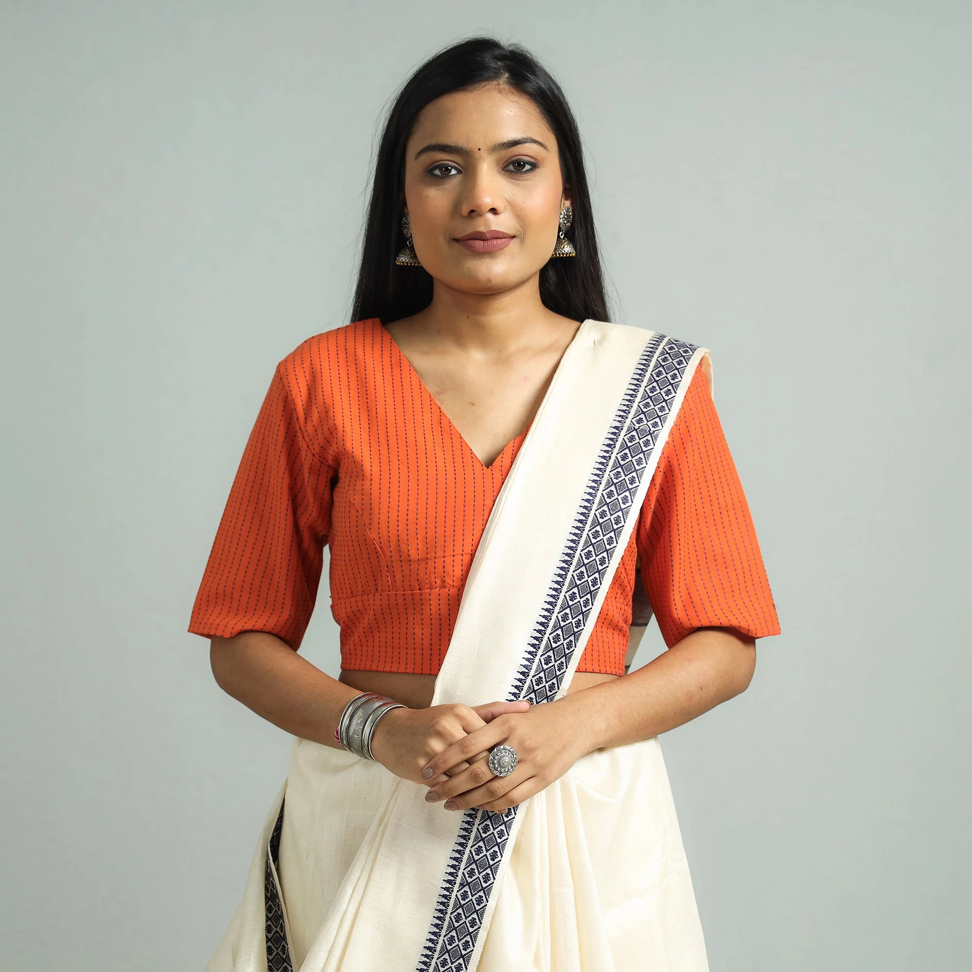Orange - Jacquard Weave Cotton Stitched Blouse