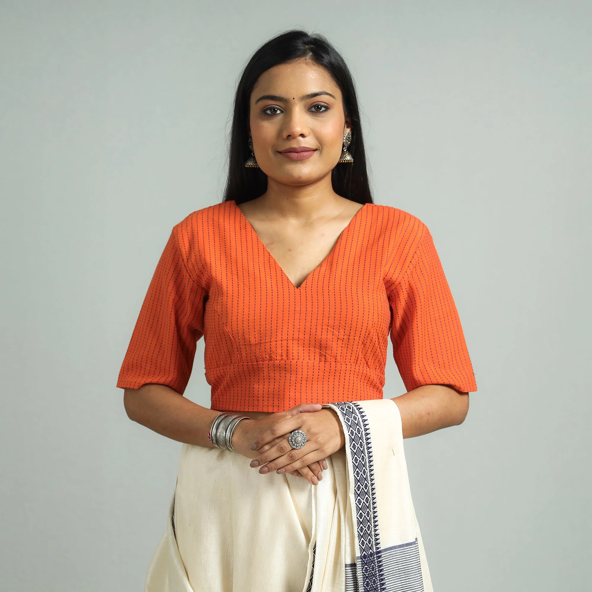 Orange - Jacquard Weave Cotton Stitched Blouse - Image 2