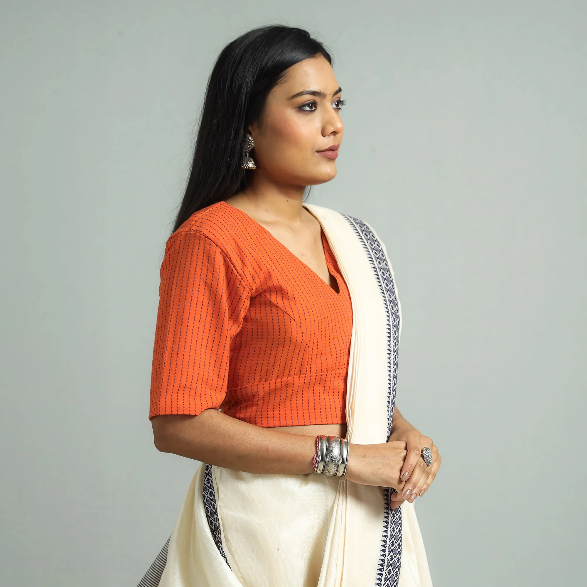 Orange - Jacquard Weave Cotton Stitched Blouse - Image 3