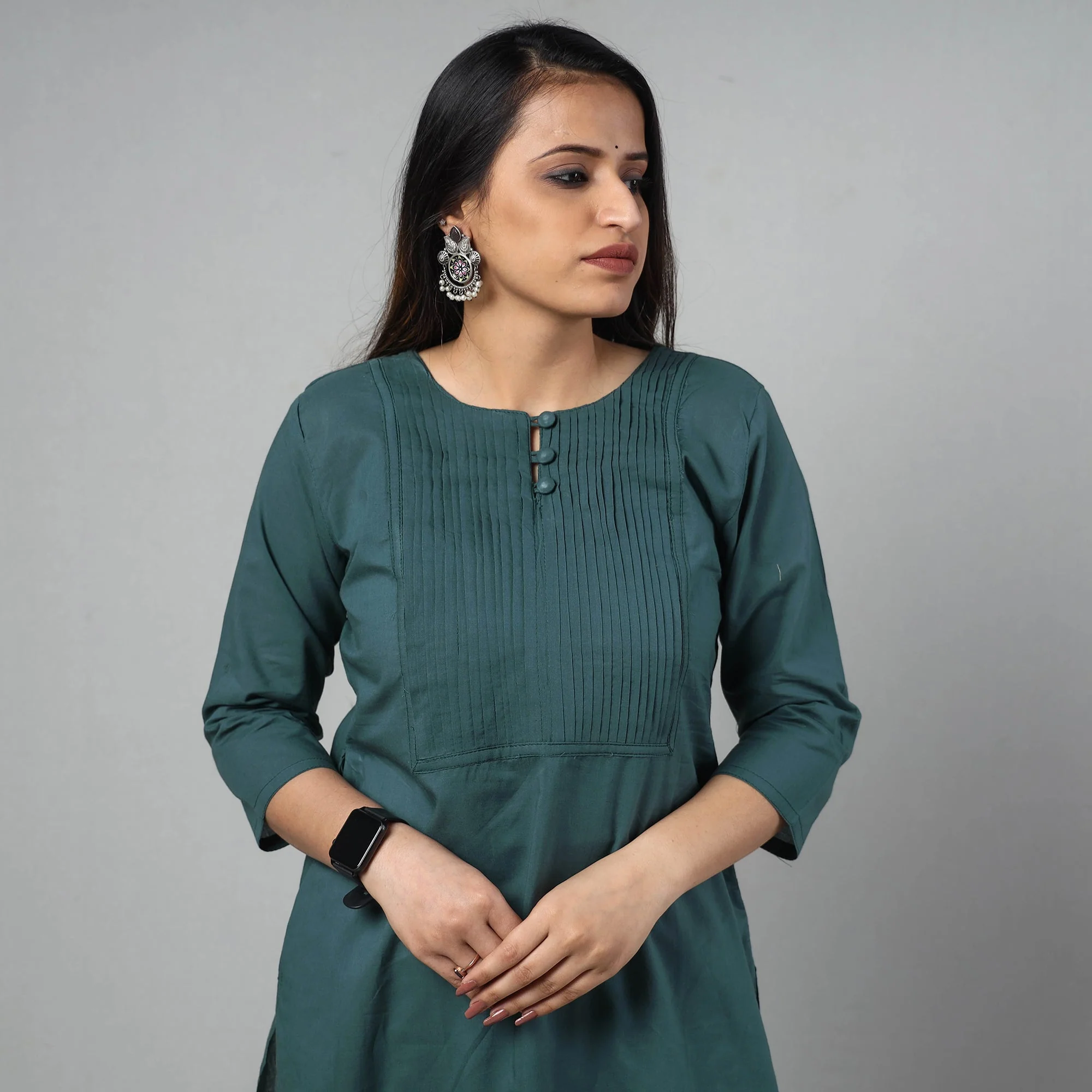 Persian Green - Plain Cotton Pintuck Long Kurta - Image 3