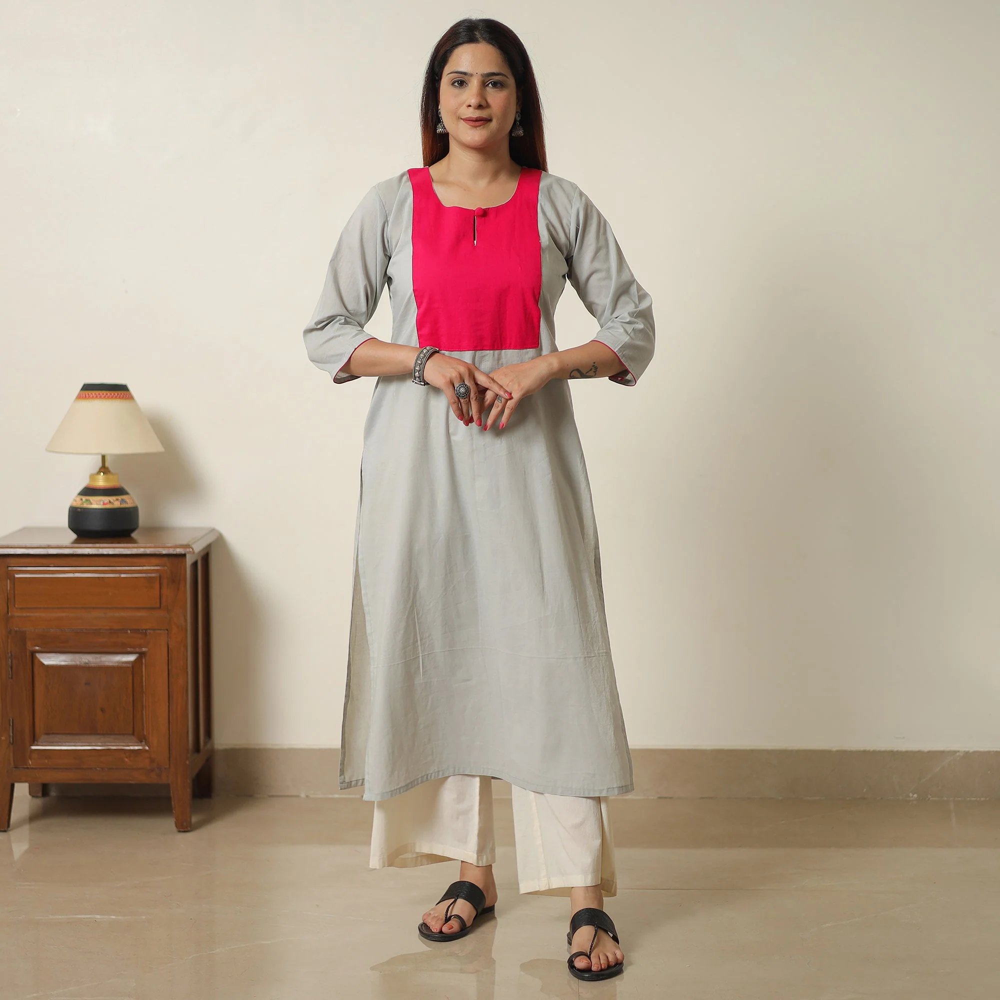 White - Light Grey - Plain Cotton Long Straight Kurta 07 - Image 2