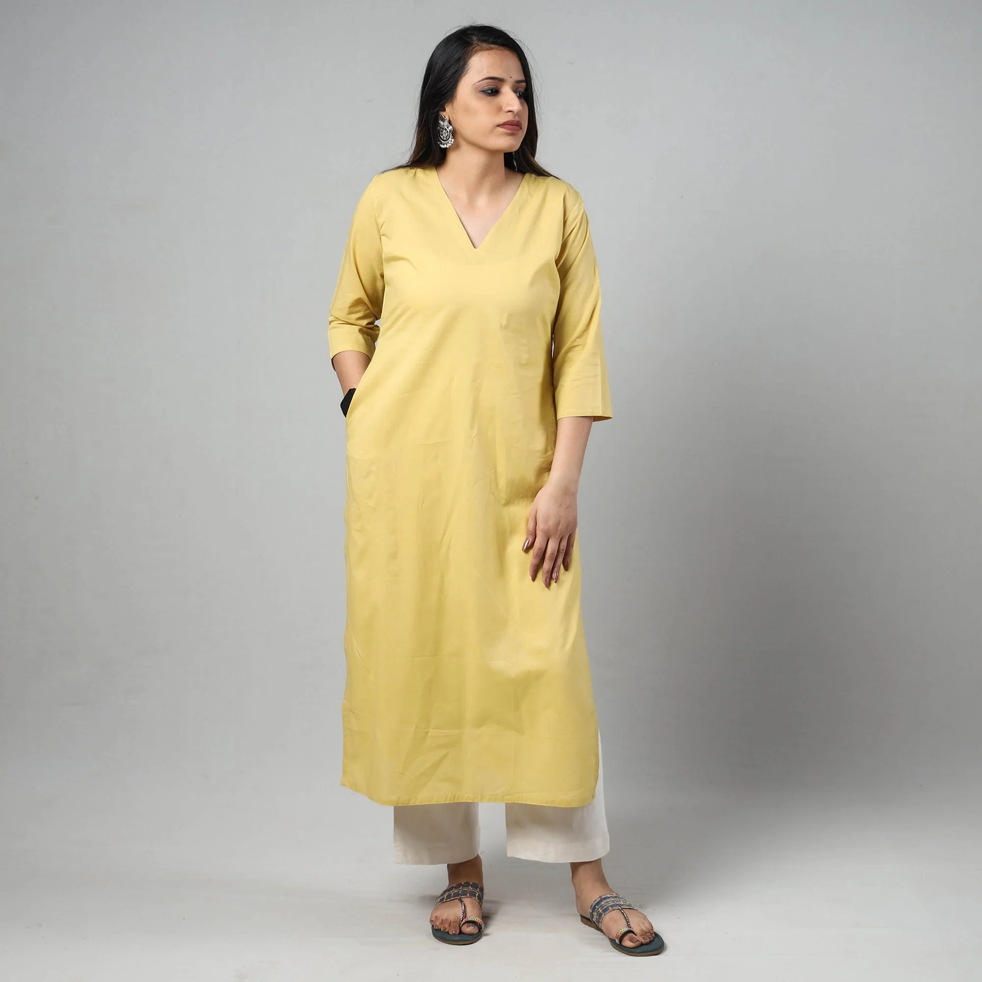 Light Yellow Plain Cotton Long Kurta