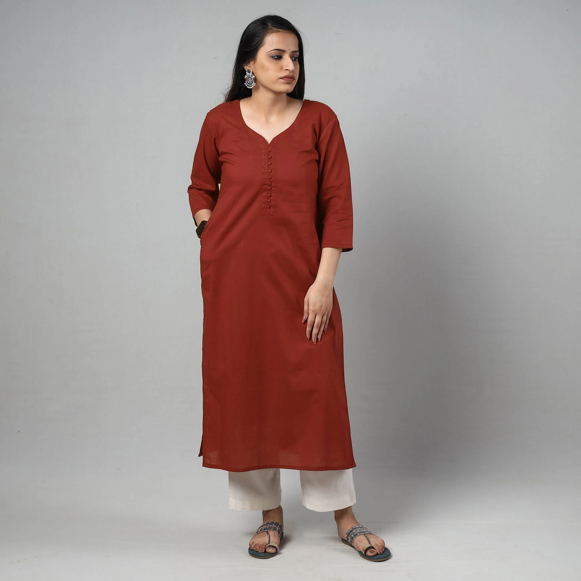 Maroon Plain Cotton Long Kurta