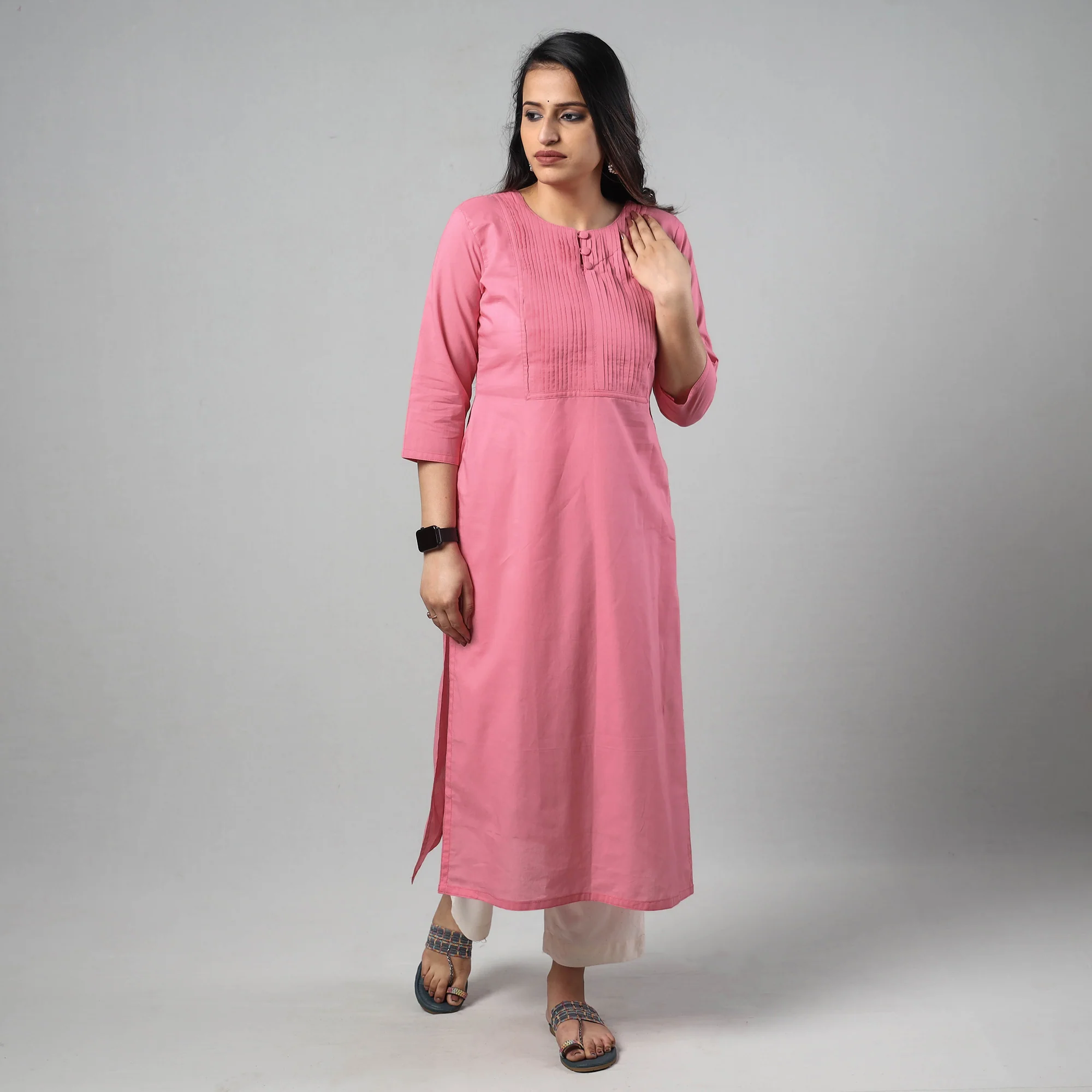 Pink - Plain Cotton Pintuck Long Straight Kurta - Image 3