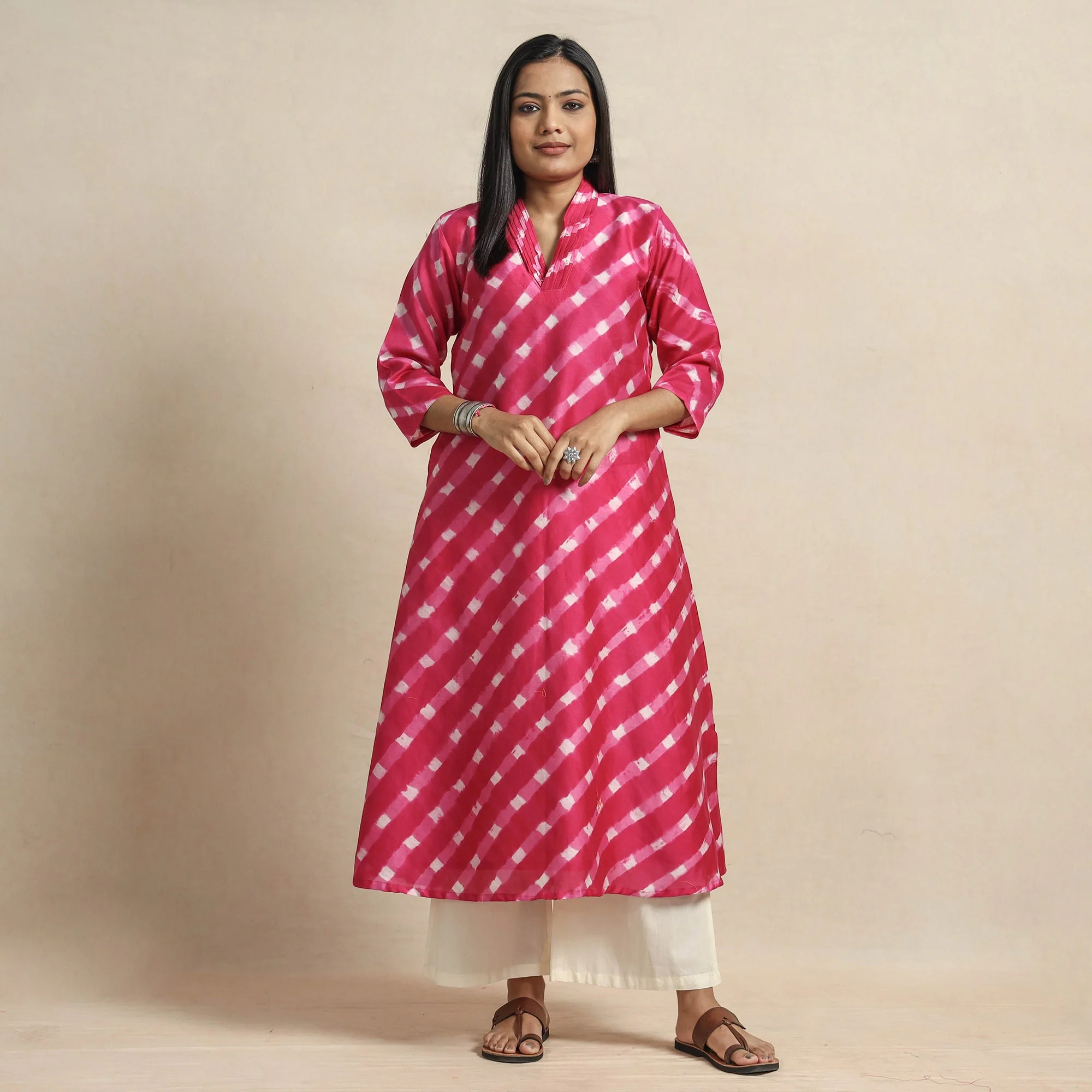 Dark Pink - Leheriya Tie-Dye Chanderi Silk A-Line Kurta - Image 2