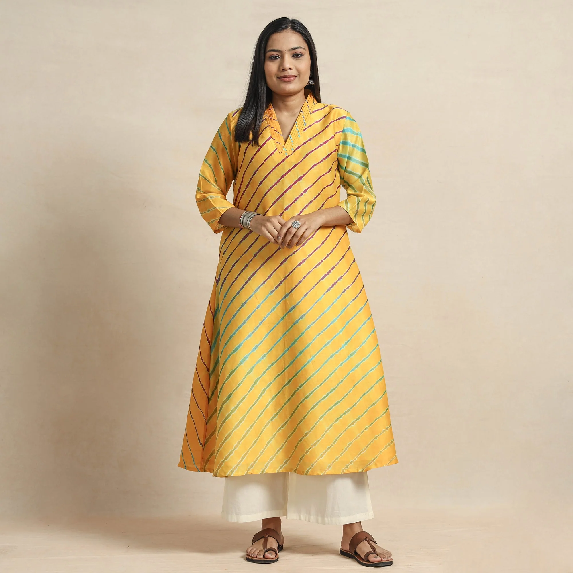 Bright Yellow - Leheriya Tie-Dye Chanderi Silk A-Line Kurta - Image 2