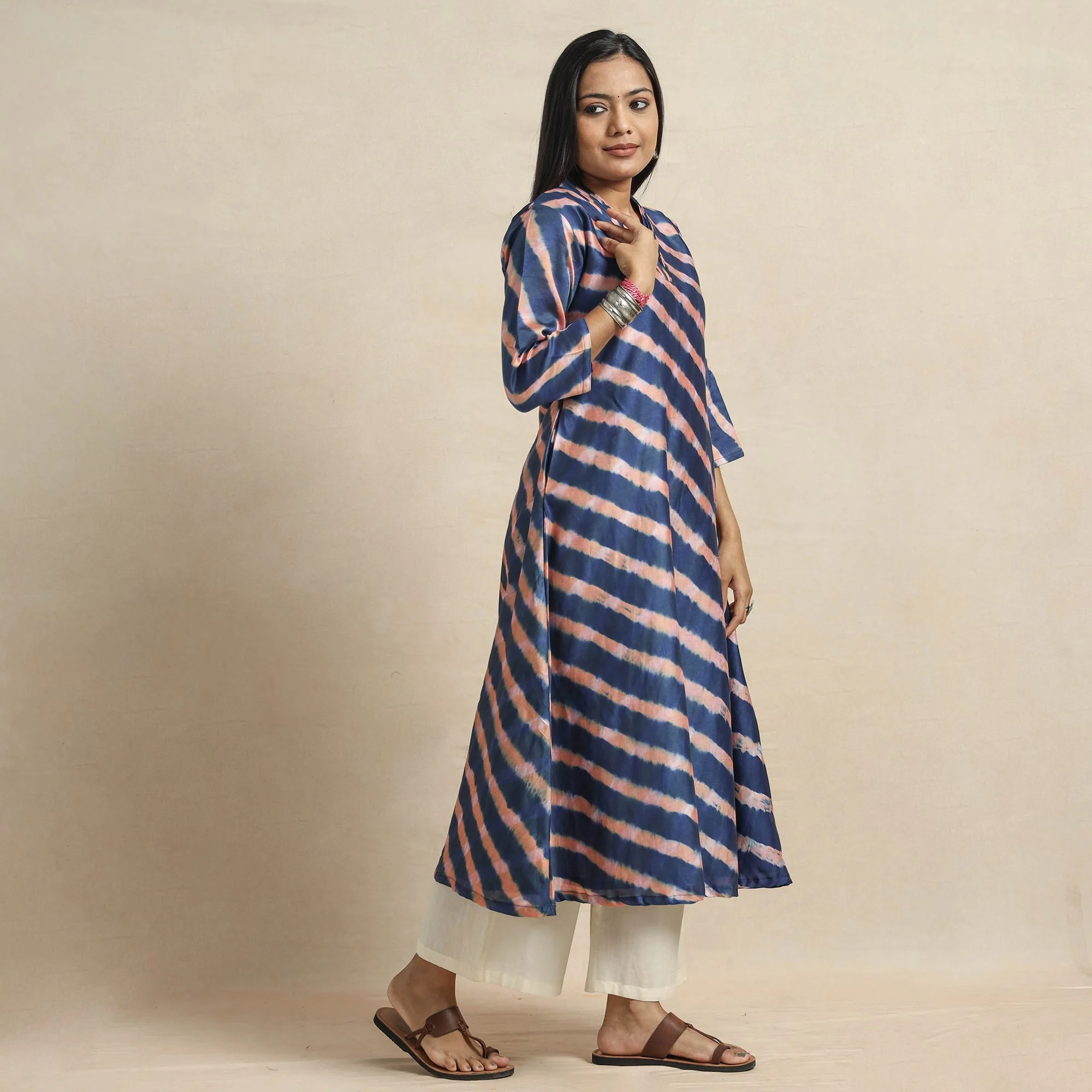 Navy Blue - Leheriya Tie-Dye Chanderi Silk A-Line Kurta - Image 3