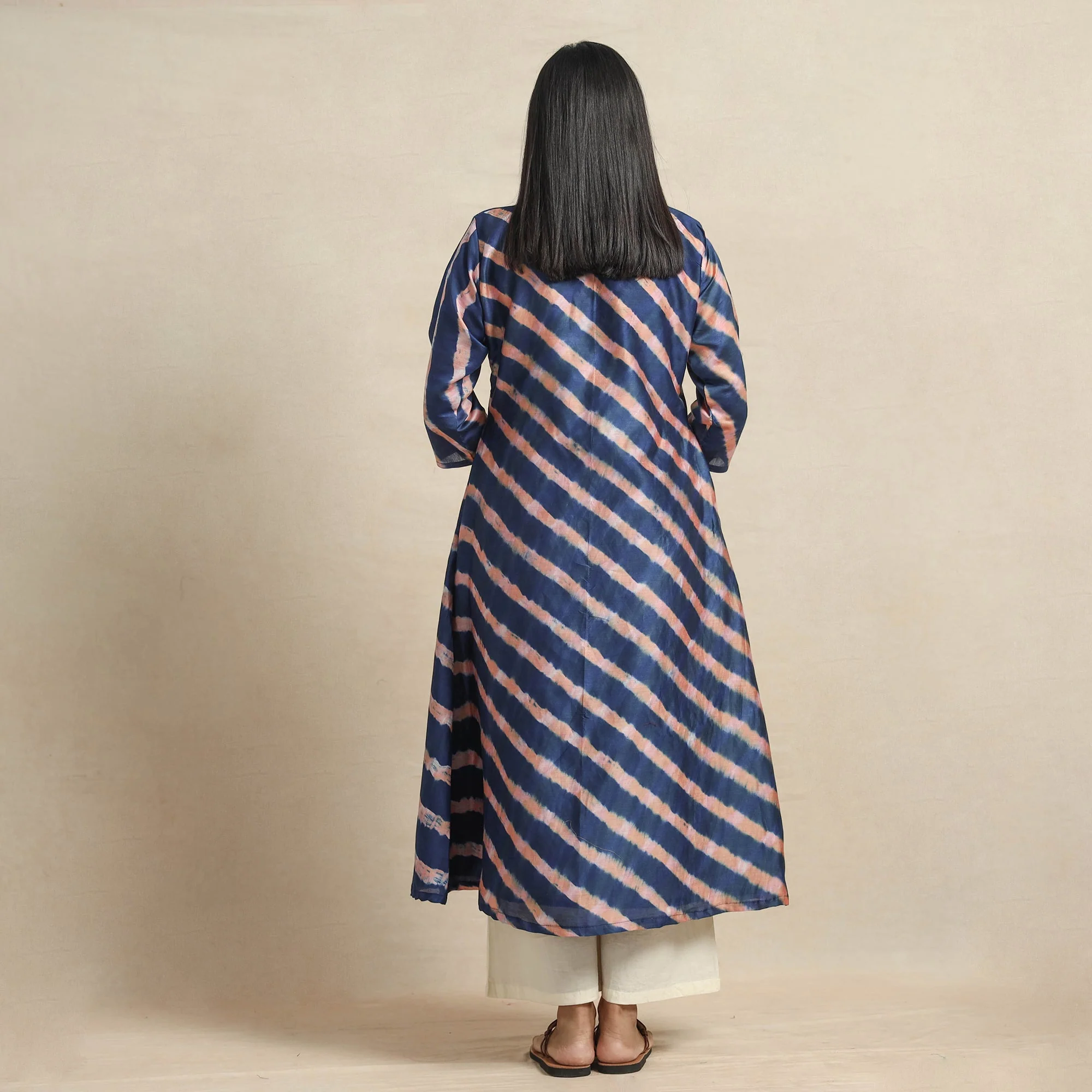 Navy Blue - Leheriya Tie-Dye Chanderi Silk A-Line Kurta - Image 6