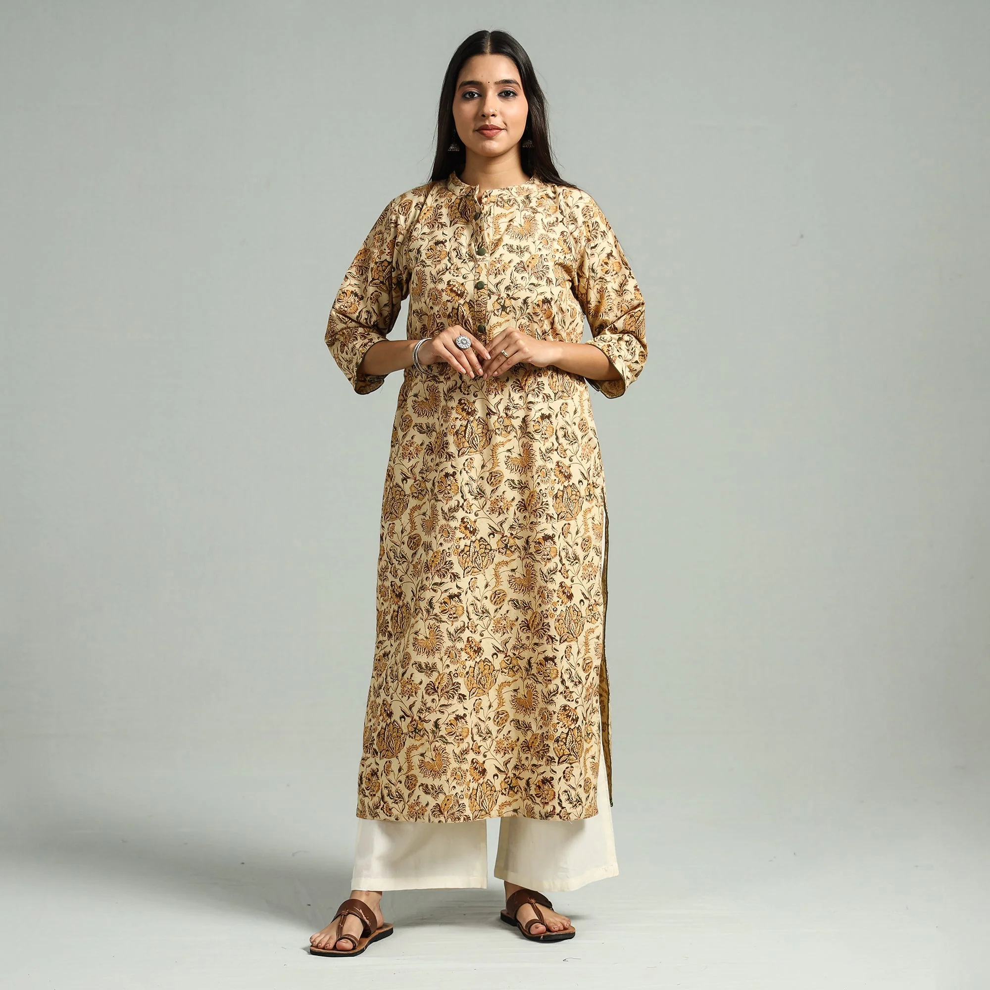 Beige - Pedana Kalamkari Hand Block Printed Cotton Straight Kurta 58 - Image 2