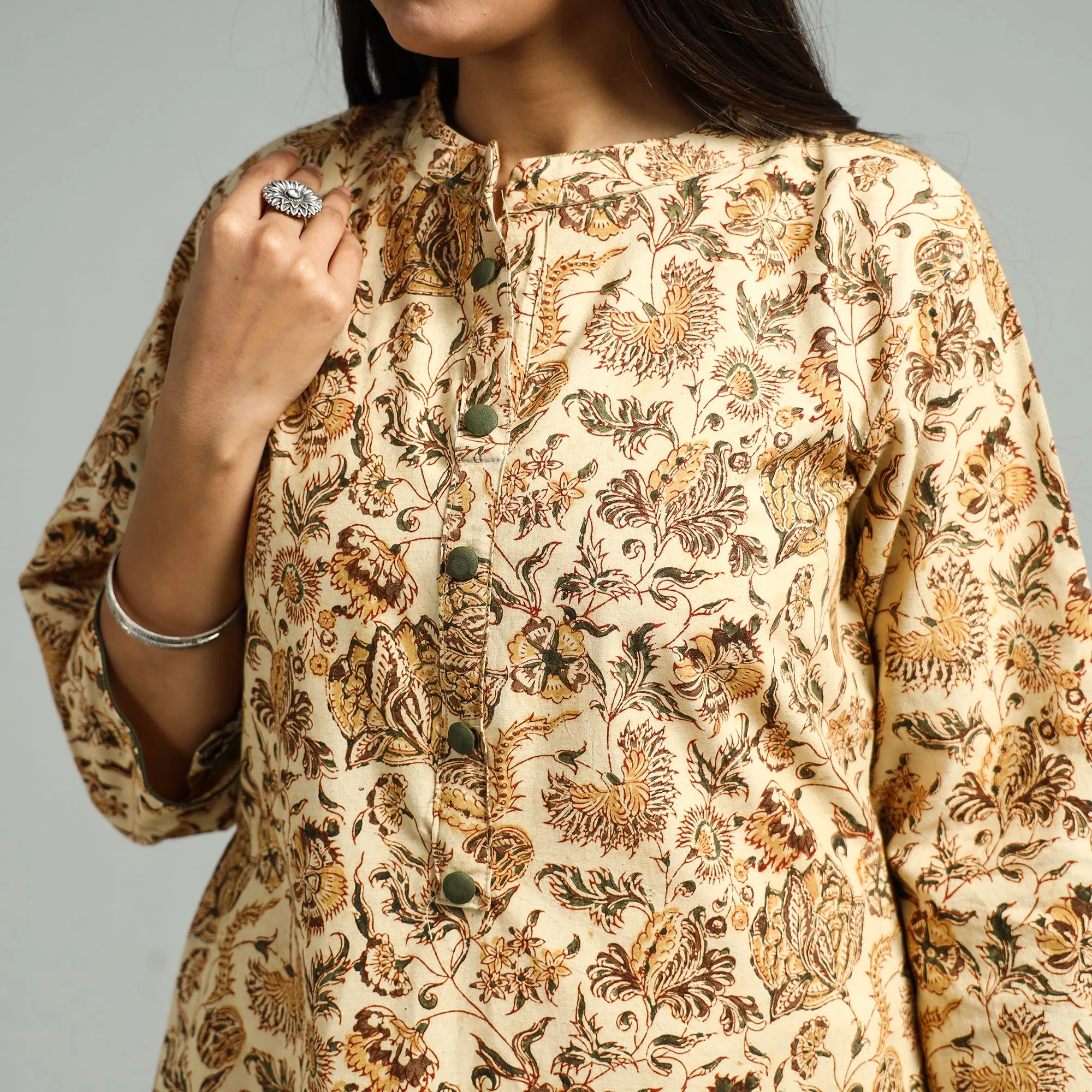 Beige - Pedana Kalamkari Hand Block Printed Cotton Straight Kurta 58 - Image 4
