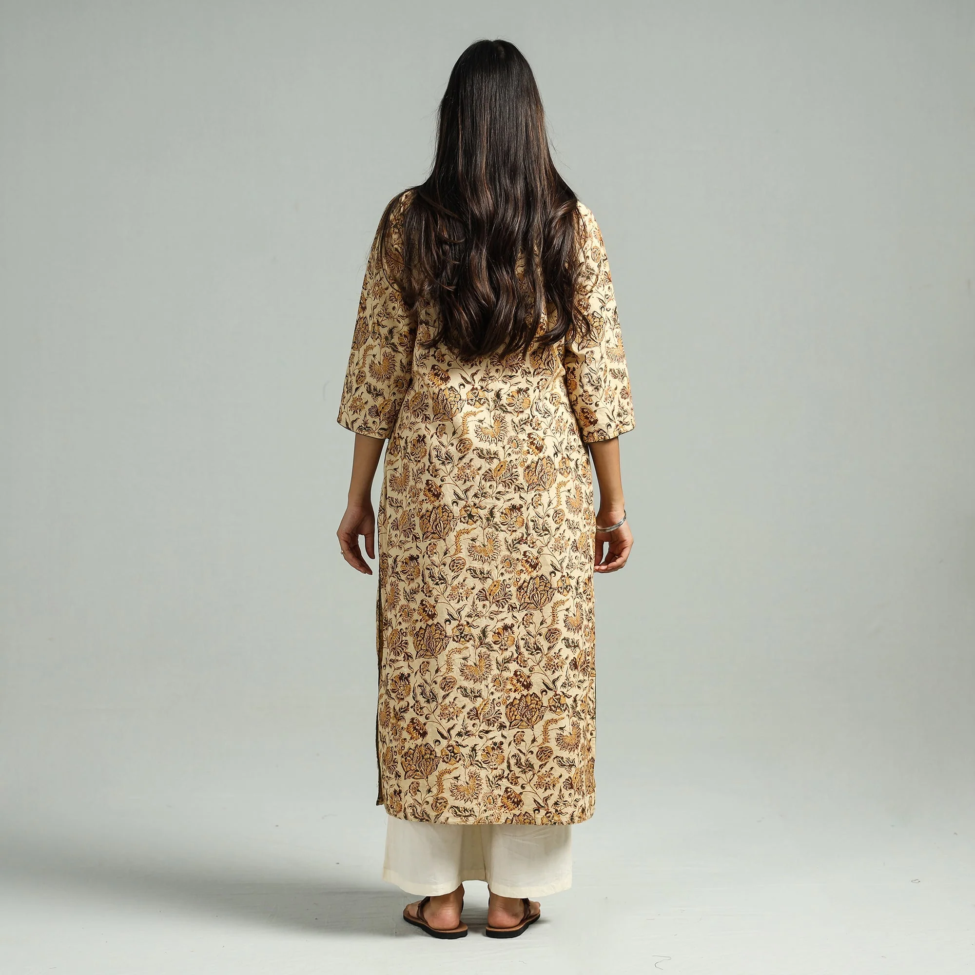 Beige - Pedana Kalamkari Hand Block Printed Cotton Straight Kurta 58 - Image 6