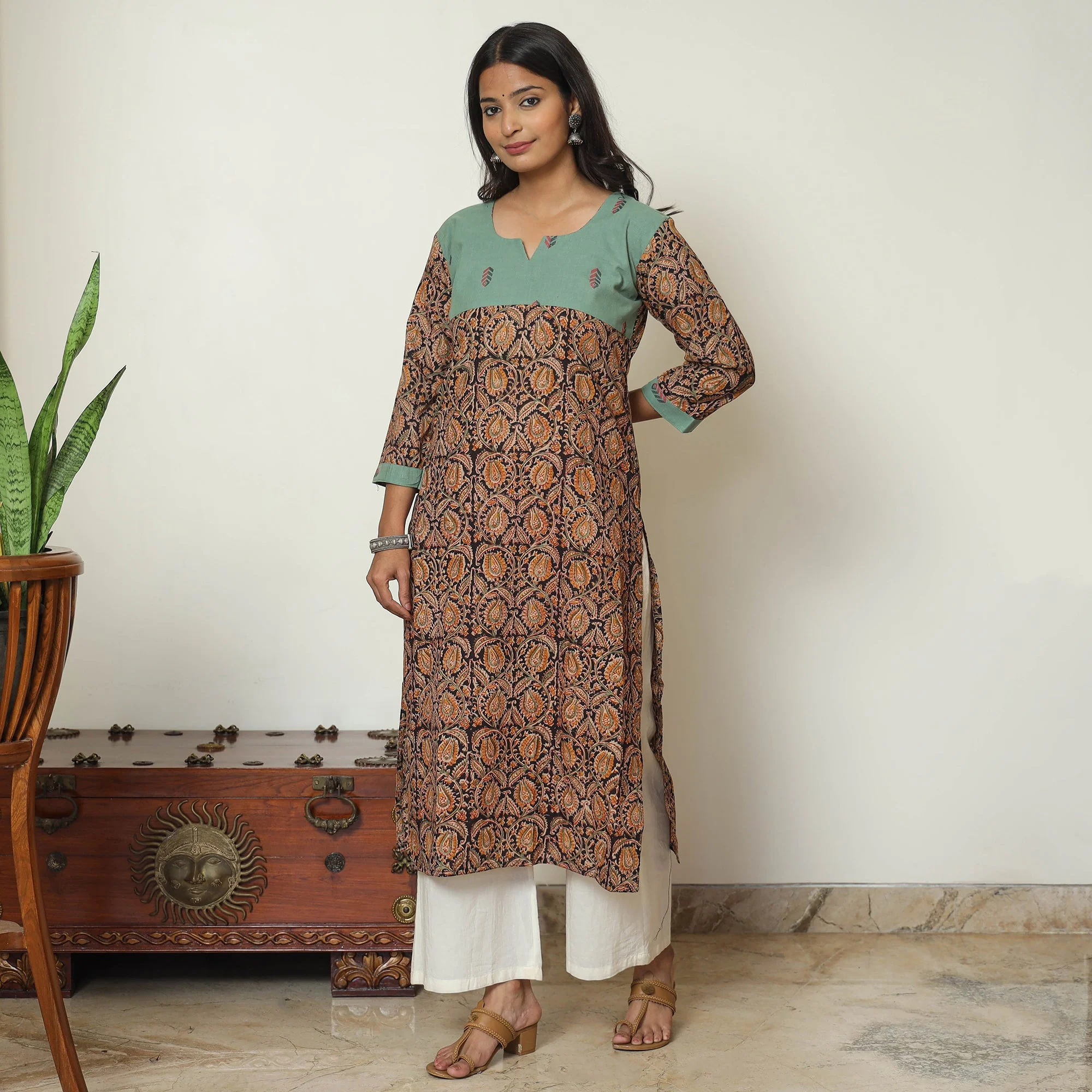 Multicolor - Block Print Cotton Straight Kalamkari Kurta 01 - Image 3