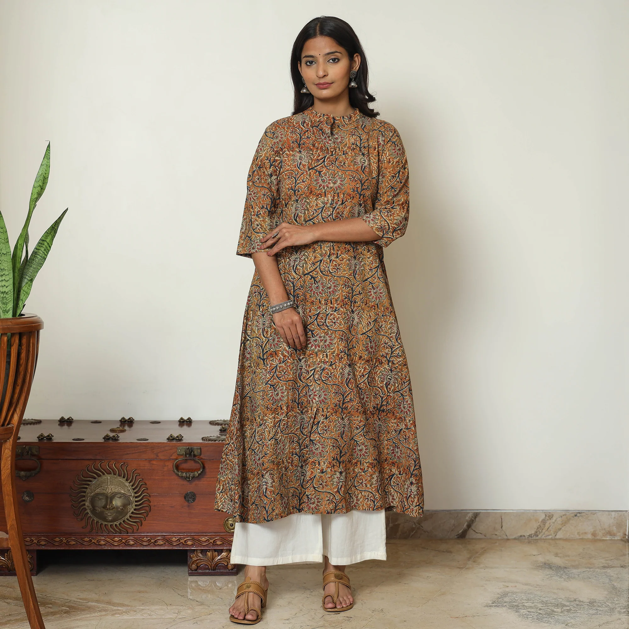 Orange - Kalamkari Hand Block Printed Cotton A-Line Kurta 36