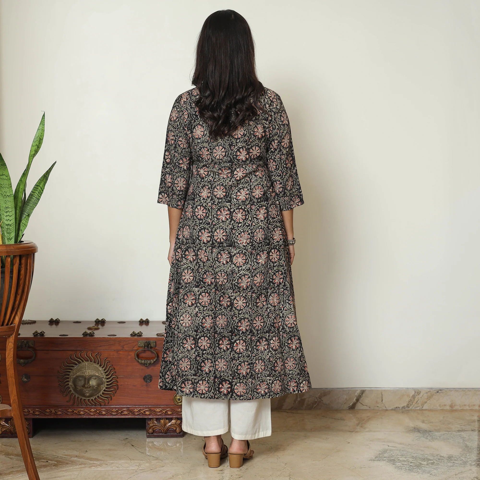Black - Kalamkari Hand Block Printed Cotton A-Line Kurta 12 - Image 4
