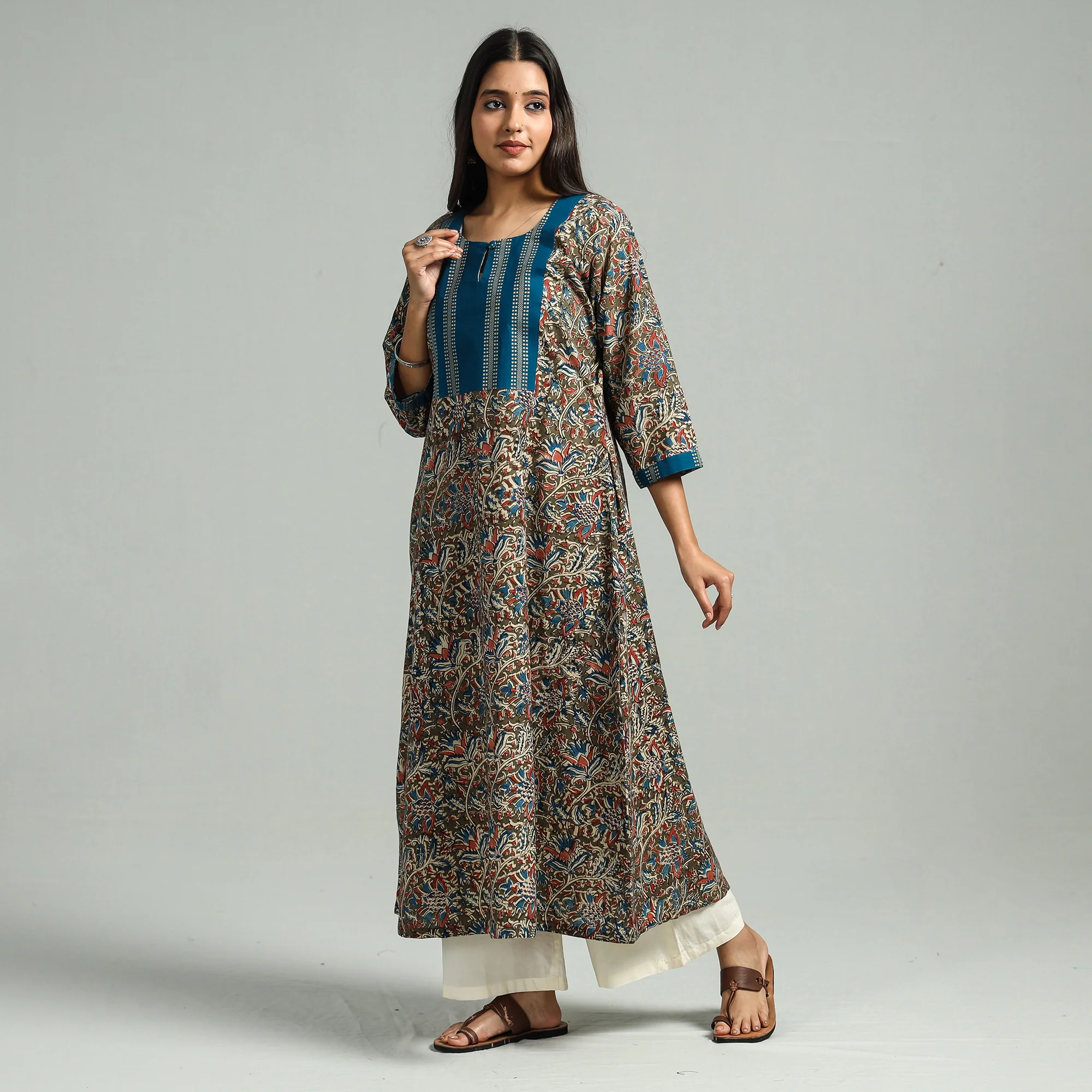 Brown - Kalamkari Hand Block Printed Cotton A-Line Kurta with Jacquard Patchwork - Image 3