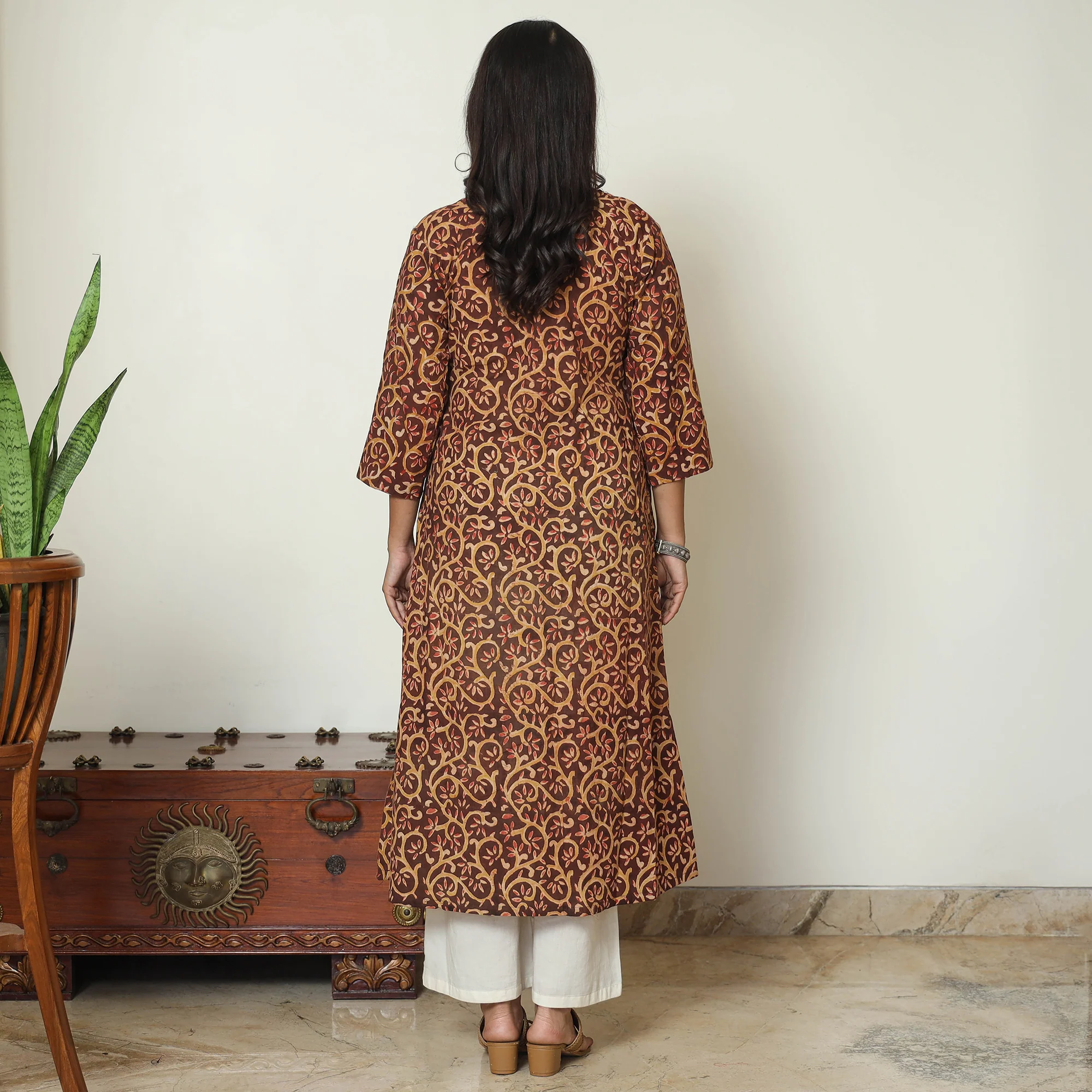 Dark Brown - Kalamkari Hand Block Printed Cotton A-Line Kurta 23 - Image 4