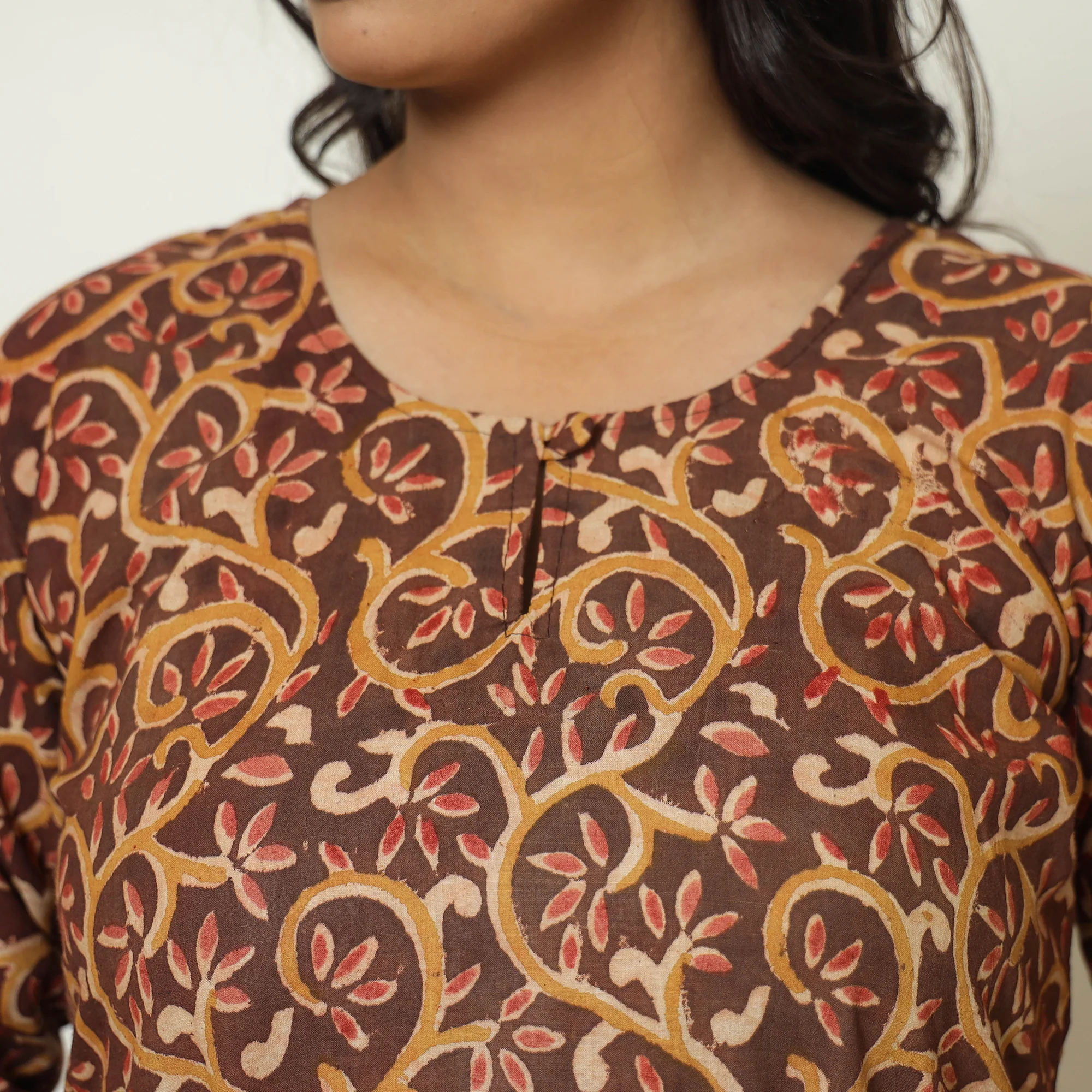 Dark Brown - Kalamkari Hand Block Printed Cotton A-Line Kurta 23 - Image 5