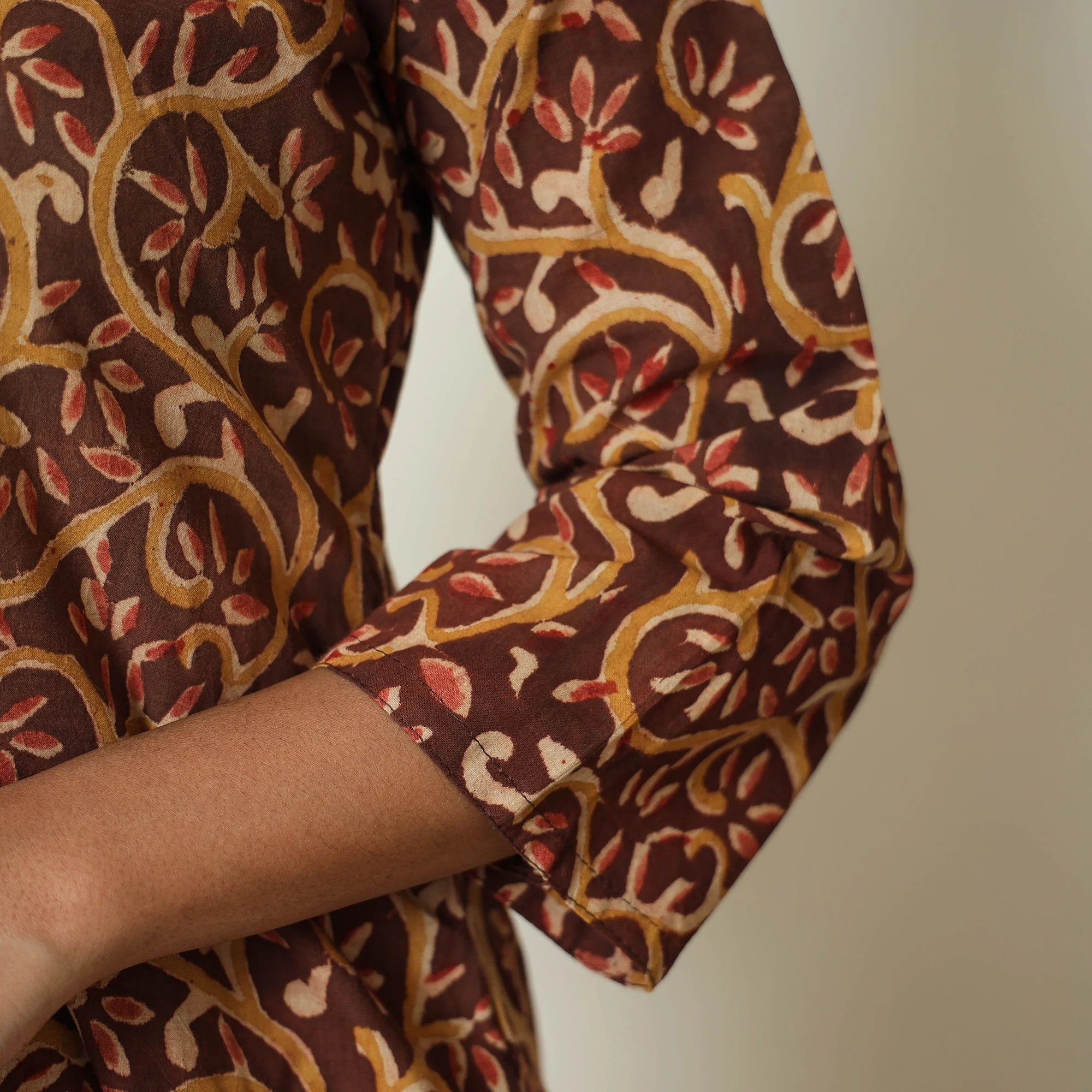 Dark Brown - Kalamkari Hand Block Printed Cotton A-Line Kurta 23 - Image 6