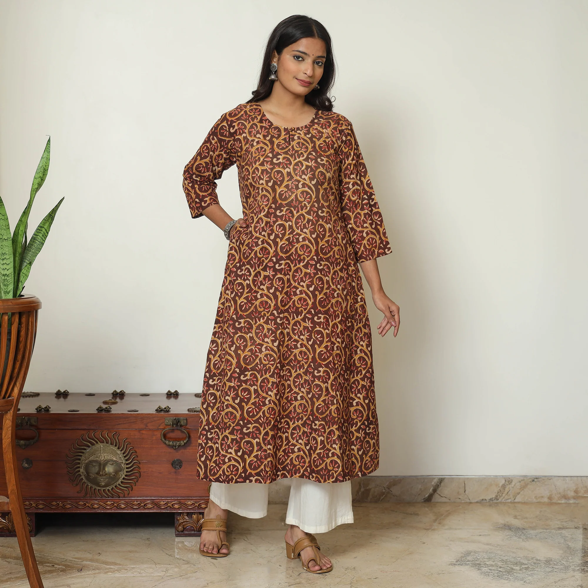 Dark Brown - Kalamkari Hand Block Printed Cotton A-Line Kurta 23 - Image 7