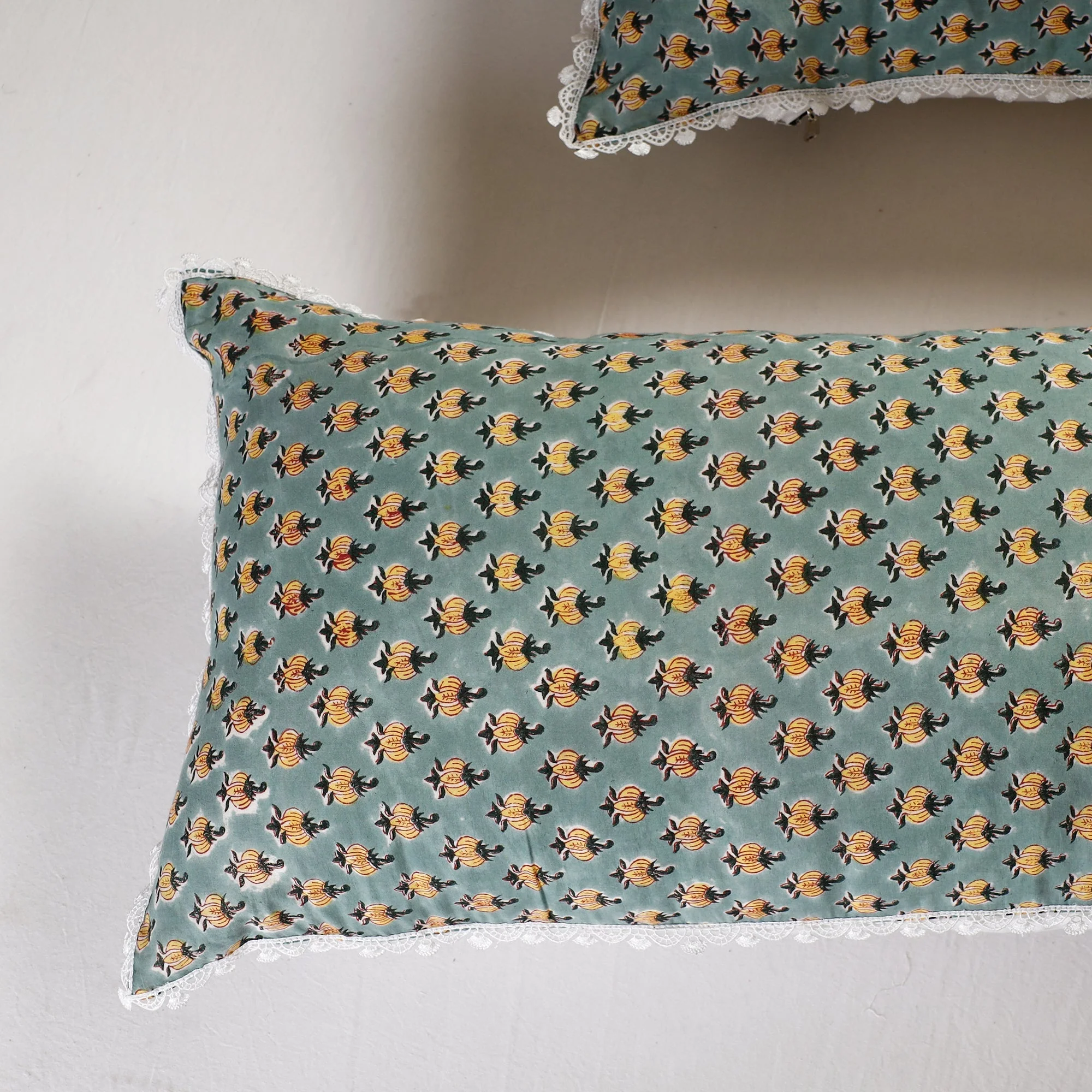Grey - Sanganeri Block Printed Cotton Pillow Cover With Lace (26 x 16 in) - Set of 2 - Image 3