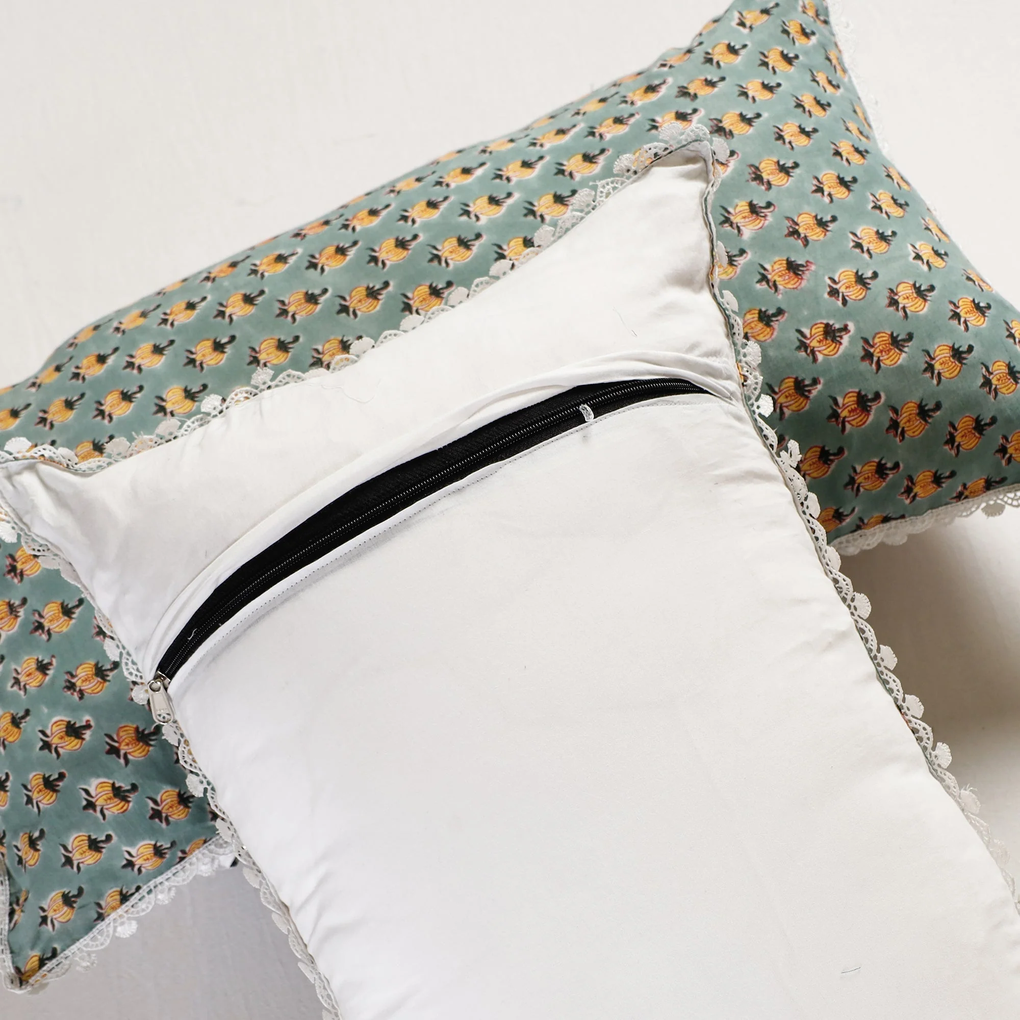 Grey - Sanganeri Block Printed Cotton Pillow Cover With Lace (26 x 16 in) - Set of 2 - Image 4