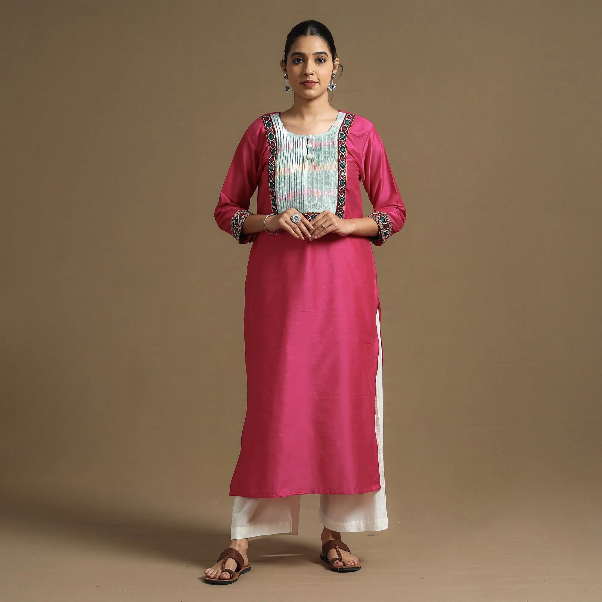 Pink - Plain Slub Silk Pintuck Kurta with Ikat Patchwork - Image 2