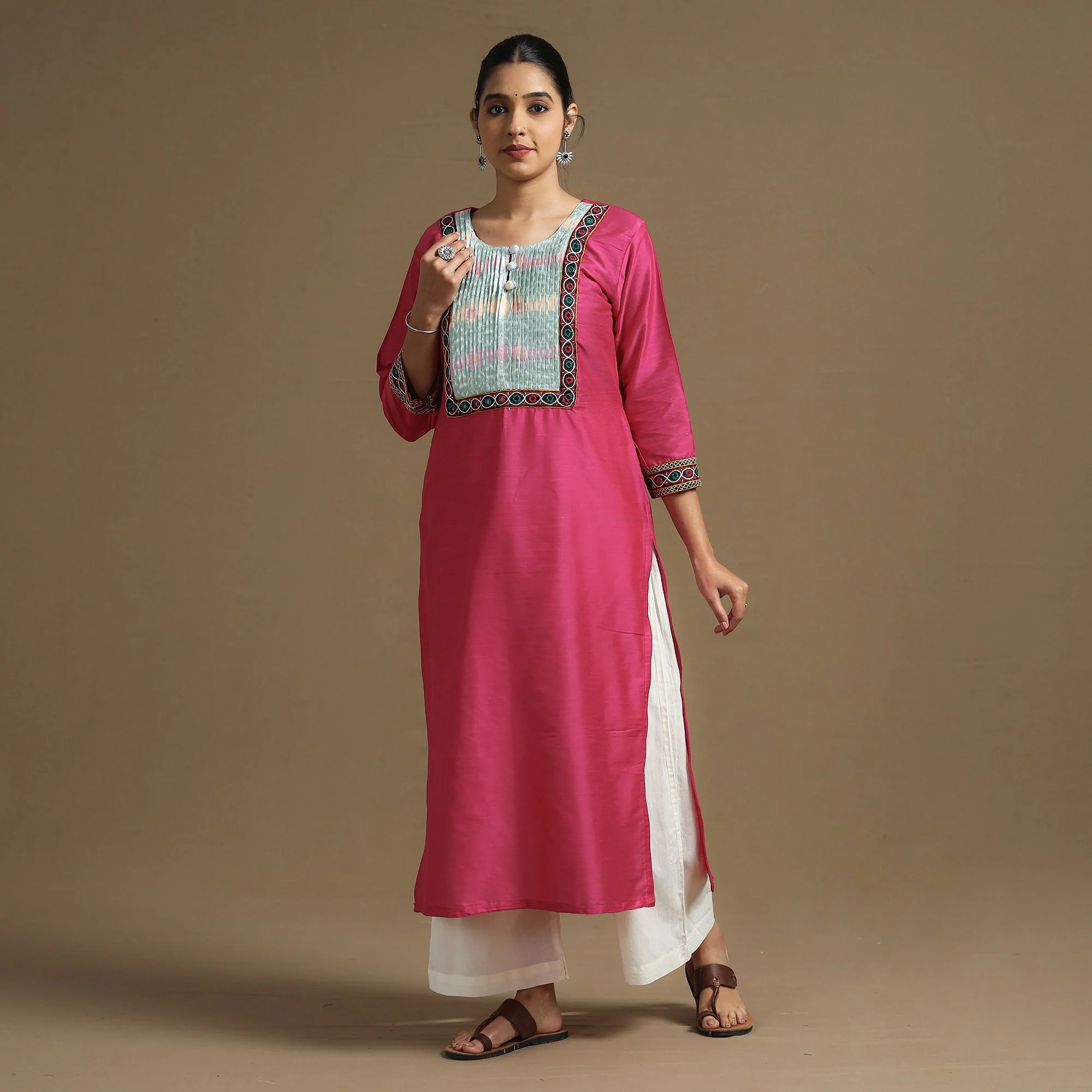 Pink - Plain Slub Silk Pintuck Kurta with Ikat Patchwork - Image 3