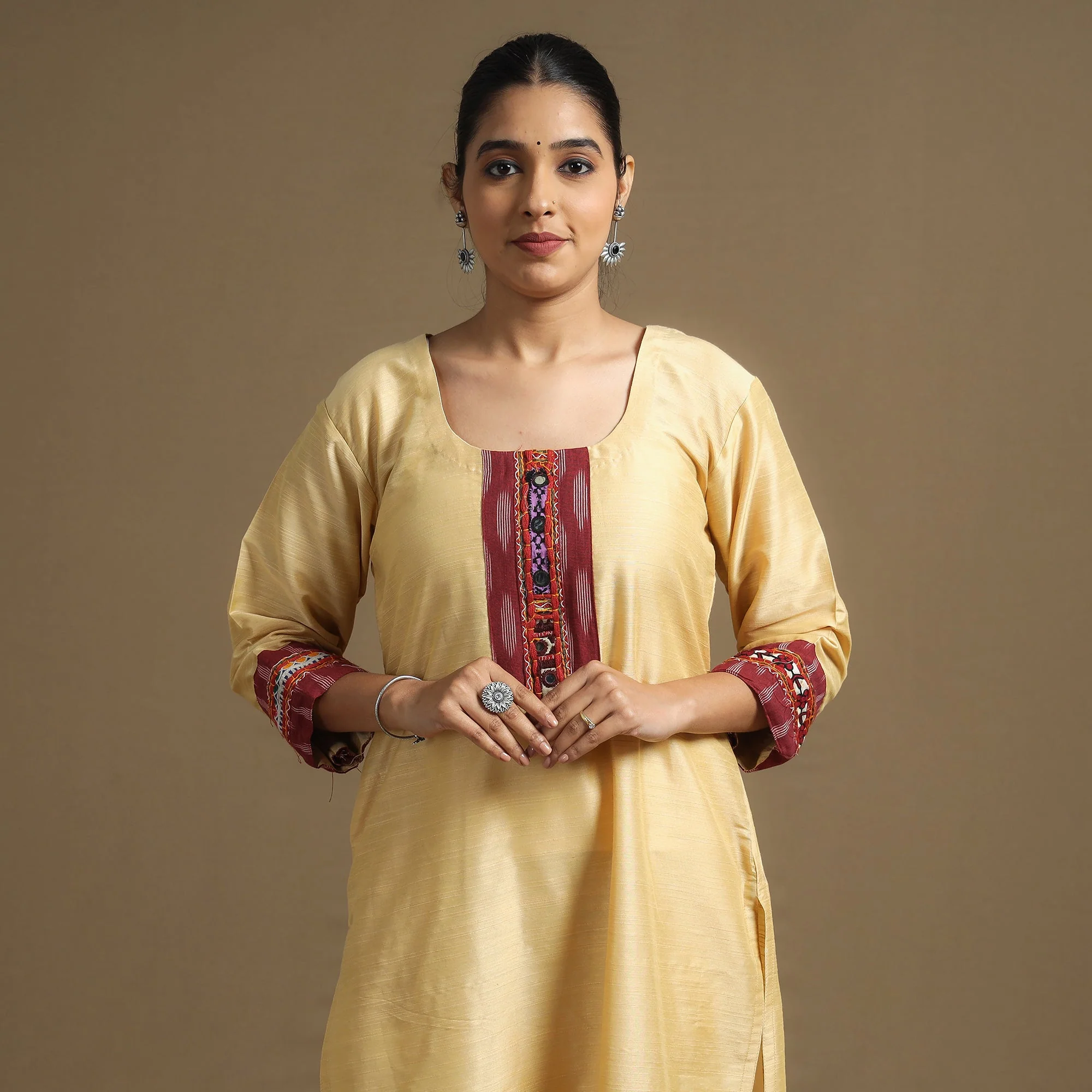 Beige - Plain Slub Silk Straight Kurta with Ikat Patchwork