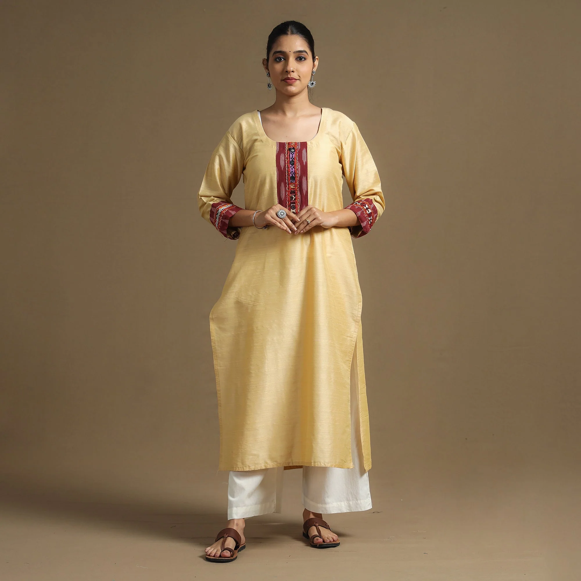 Beige - Plain Slub Silk Straight Kurta with Ikat Patchwork - Image 2