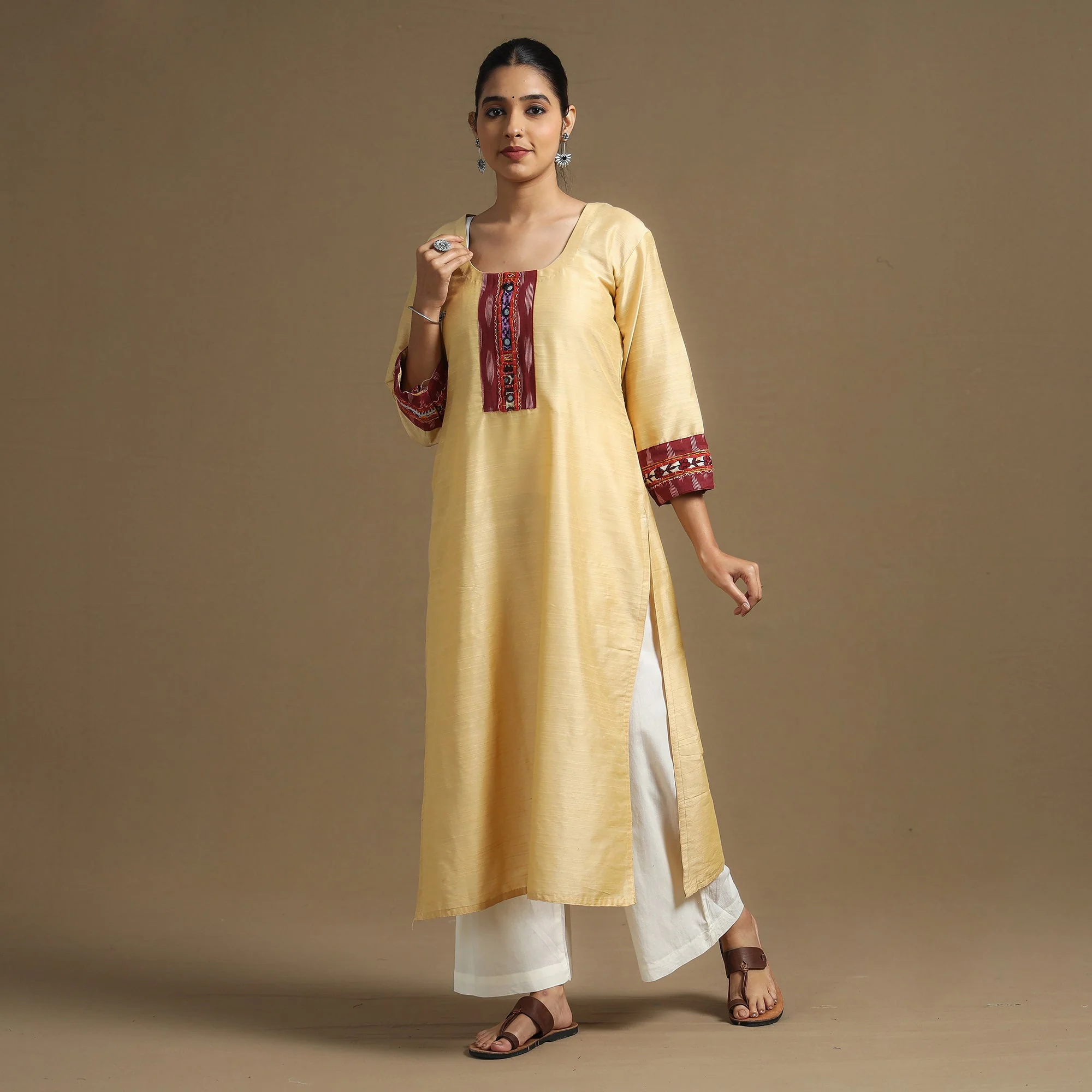 Beige - Plain Slub Silk Straight Kurta with Ikat Patchwork - Image 3