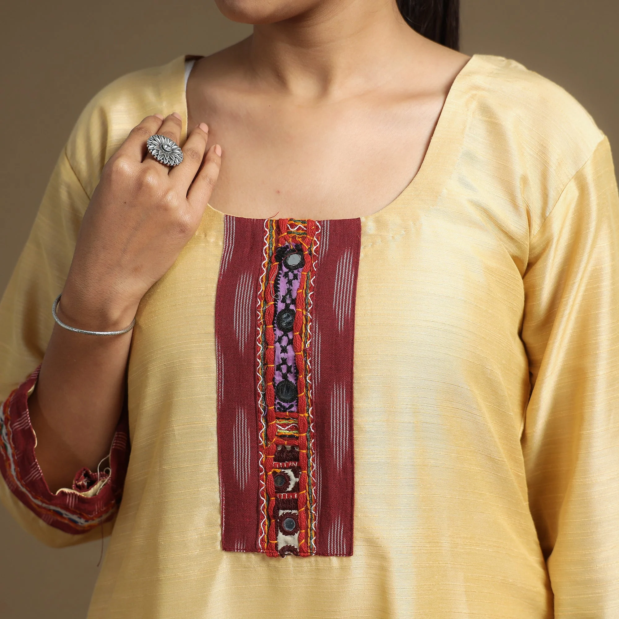 Beige - Plain Slub Silk Straight Kurta with Ikat Patchwork - Image 4