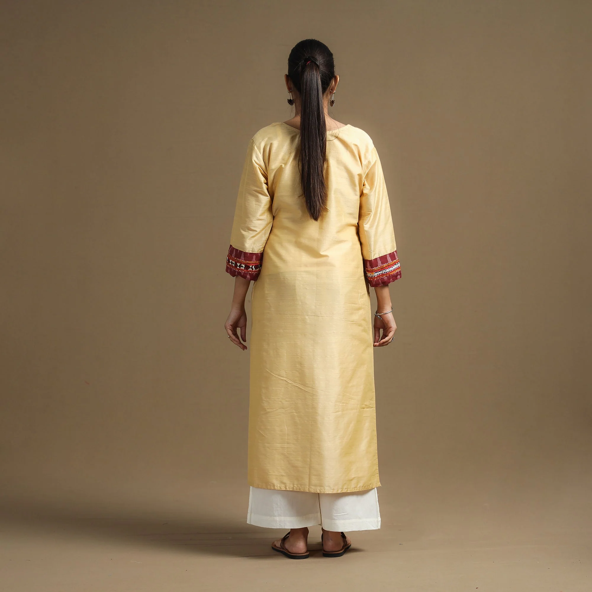 Beige - Plain Slub Silk Straight Kurta with Ikat Patchwork - Image 6