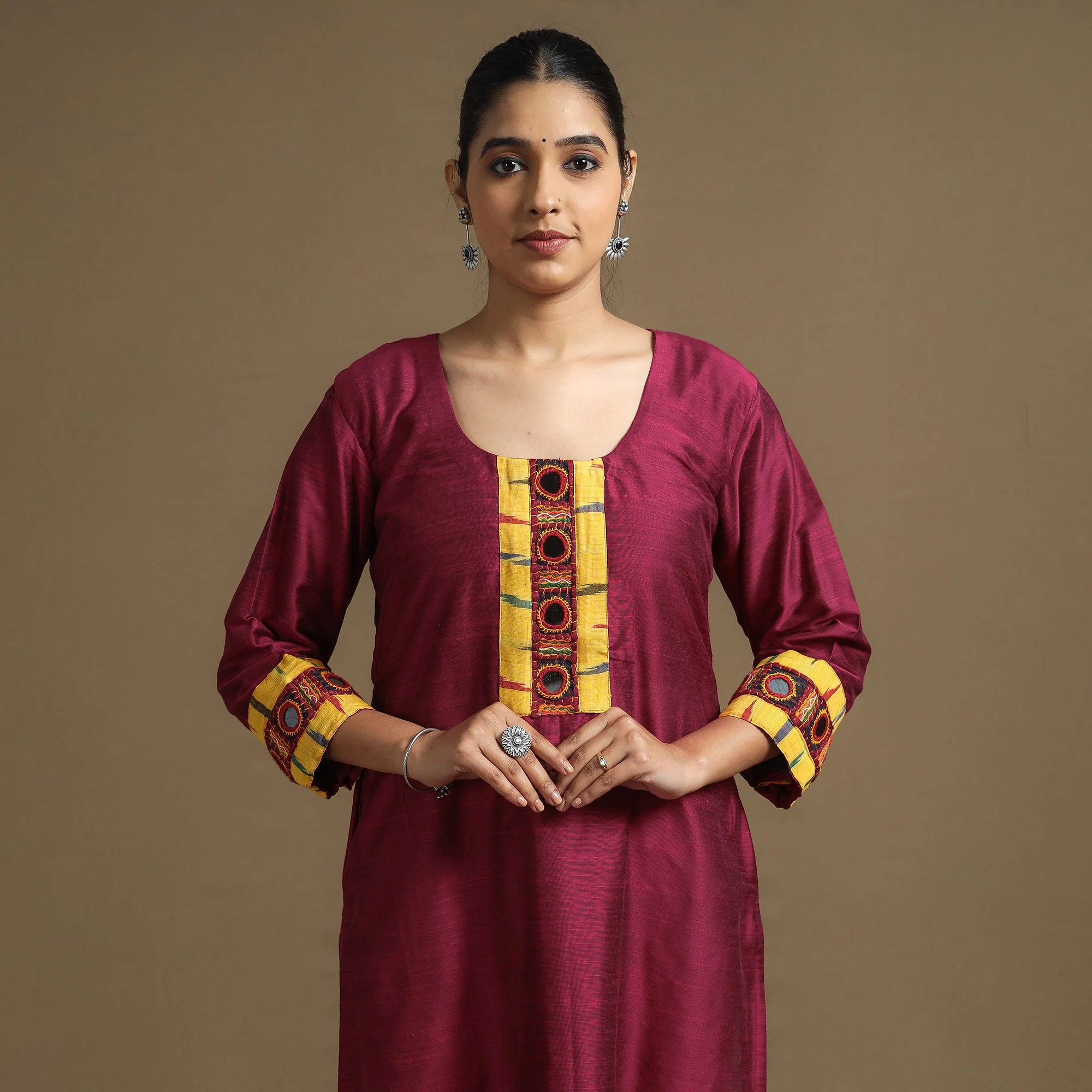 Dark Pink - Plain Slub Silk Kurta with Ikat Patchwork