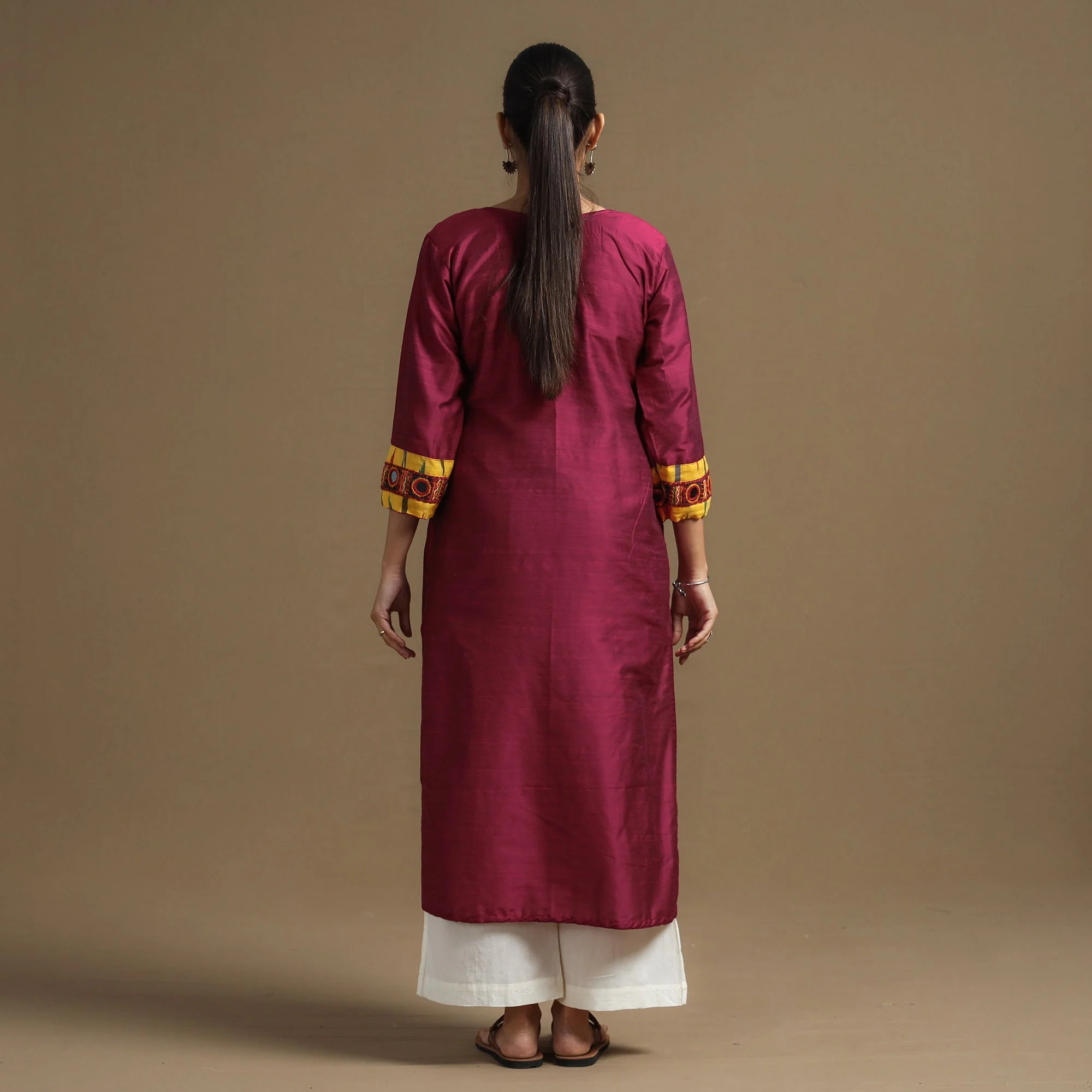 Dark Pink - Plain Slub Silk Kurta with Ikat Patchwork - Image 6