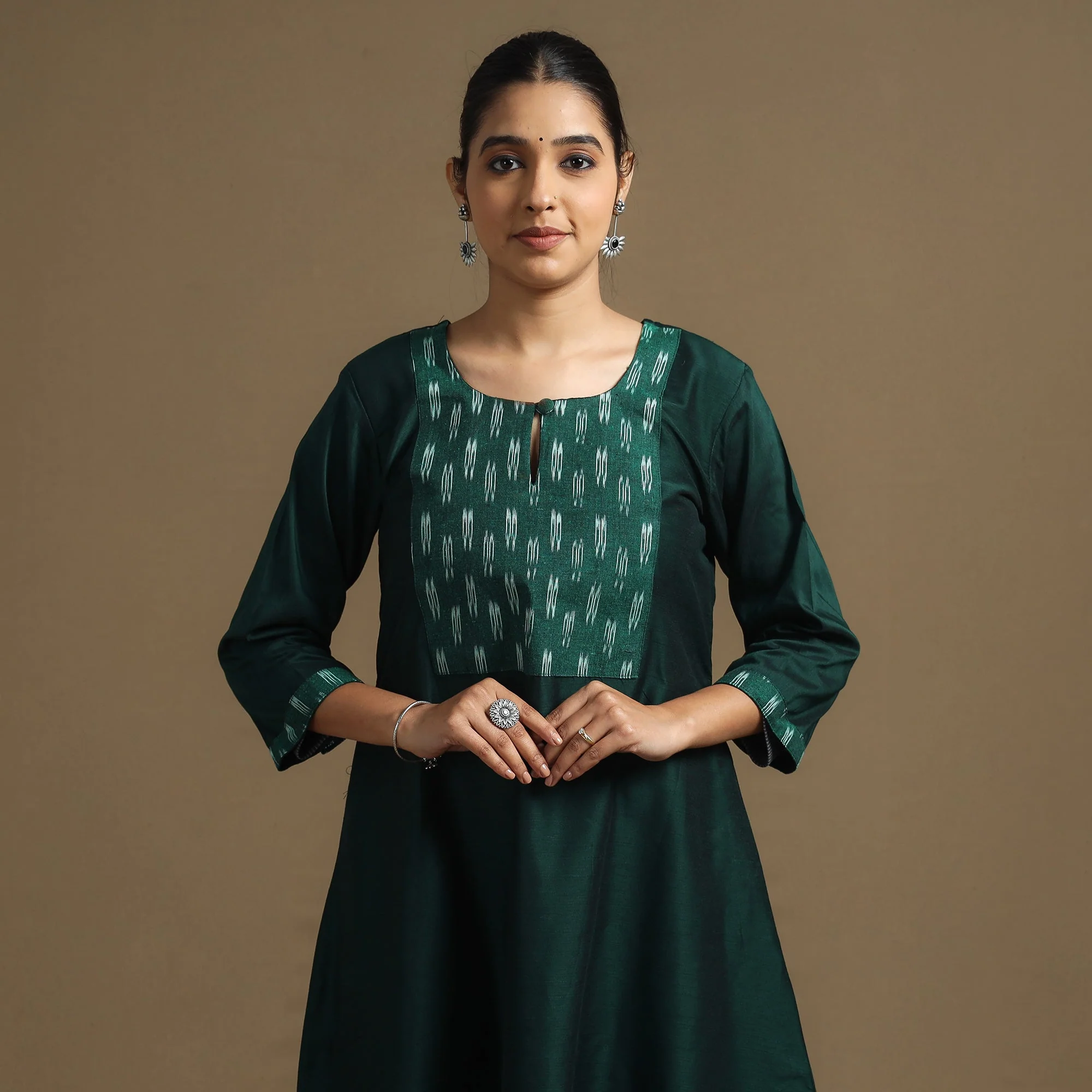 Dark Green - Plain Slub Silk A-Line Kurta with Ikat Patchwork